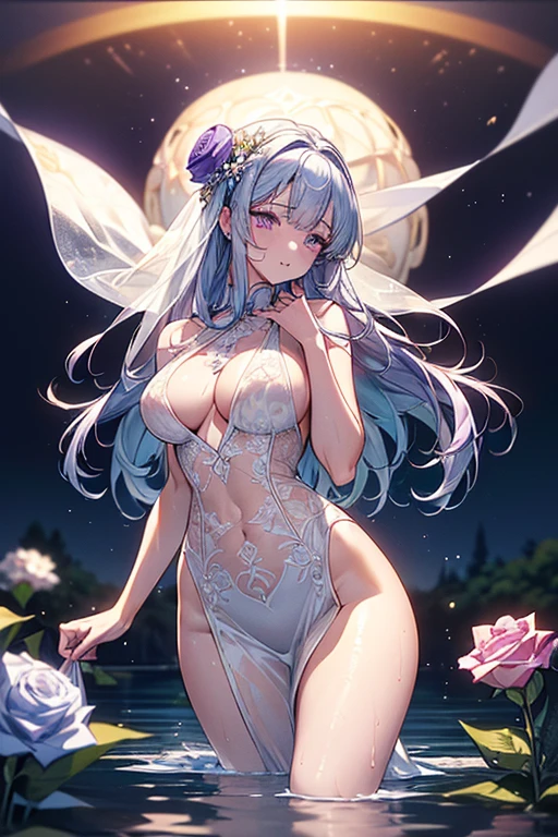 ((top quality)),(ultra high resolution),(Super detailed),(detailed description),((the most picturesque works of art),super precision art,amazing art of depiction,fantasy art:1.5, ((綺麗なflower々:1.3)), (glamorous body:1.5),fancy background effects、masterpiece、fancy details、(NSFW 1.1), ((1 female)), ((muste piece)), ((extremely detailed:1.3)), ((Beautiful woman entering the lake in crystal clear water)), ((beautiful long hair)), wet hair, wearing a transparent dress, Bathing clothed, (水に浮かぶバラのflowerびら:1.5), (early morning light), ivory gold AI, temple, crepuscular lighting, (very huge )、pink nipples、pink areola,Transparent pink areola、((Transparent pure white wedding dress that shows your skin、Detailed design))、Arranged,intimate, rose garden、colorful roses、lake with floating roses、wet body、(頭にflowerの装飾)、大きなflowerいっぱい、solo, water play, flowerいっぱいの髪飾り, flower々, sky porn,Pure white dress that becomes transparent when wet, shines wet with water、(muste piece),(Highly detailed CG Unity 8K wallpaper),best quality,cinematic lighting,detailed background,beautiful detailed eyes,bright pupils, (very delicate and beautiful),(Beautiful and detailed eyes),((muste piece)),(Purple eyes)