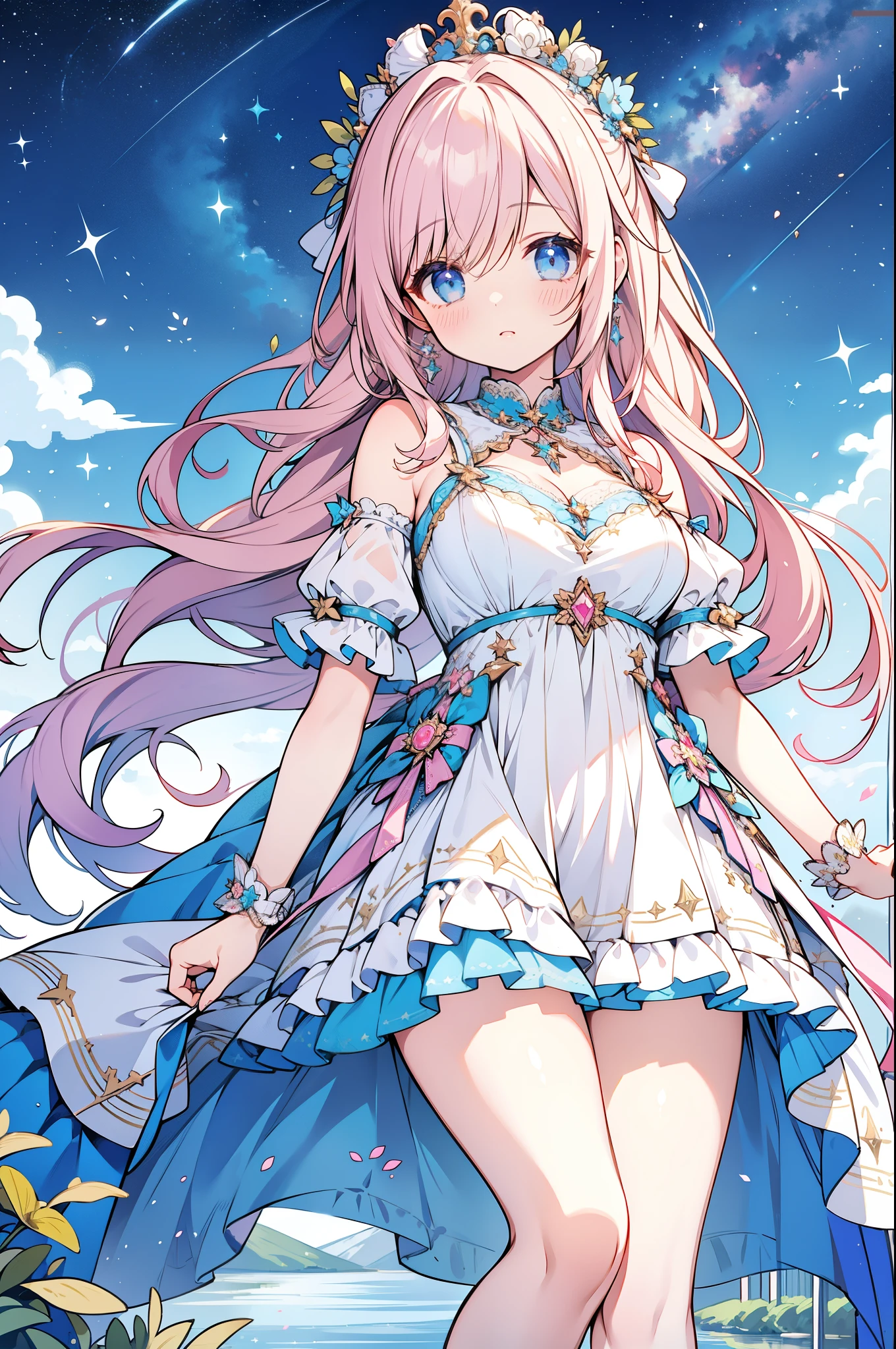 （masterpiece）、(highest quality)、((Super detailed))、(super delicate)、Idol in naughty night dress、Pastel colors hair、beautiful breasts、Thighs、Gorgeous、lake with mountain view、Fantastic starry sky