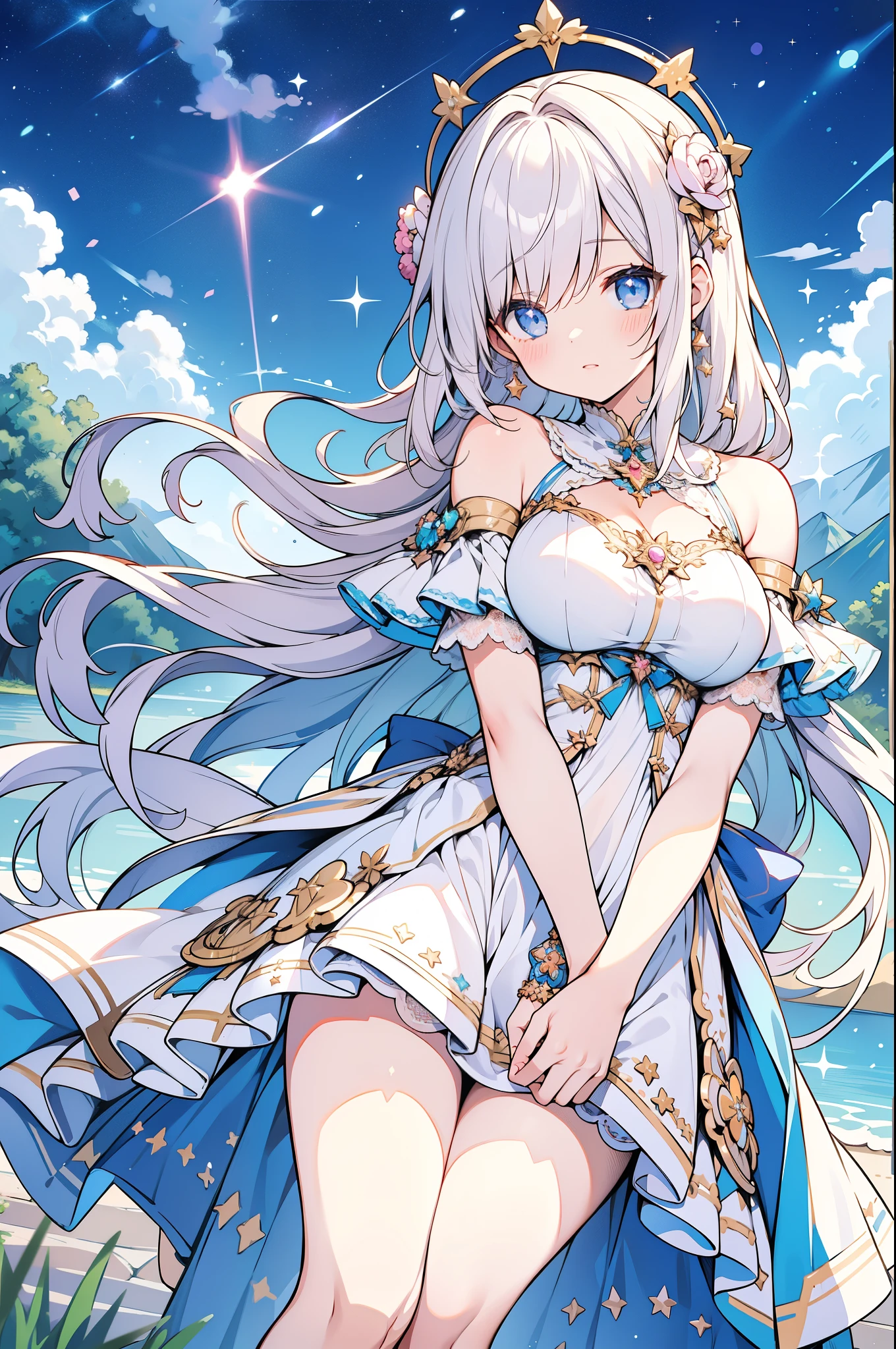 （masterpiece）、(highest quality)、((Super detailed))、(super delicate)、Idol in naughty night dress、Pastel colors hair、beautiful breasts、Thighs、Gorgeous、lake with mountain view、Fantastic starry sky