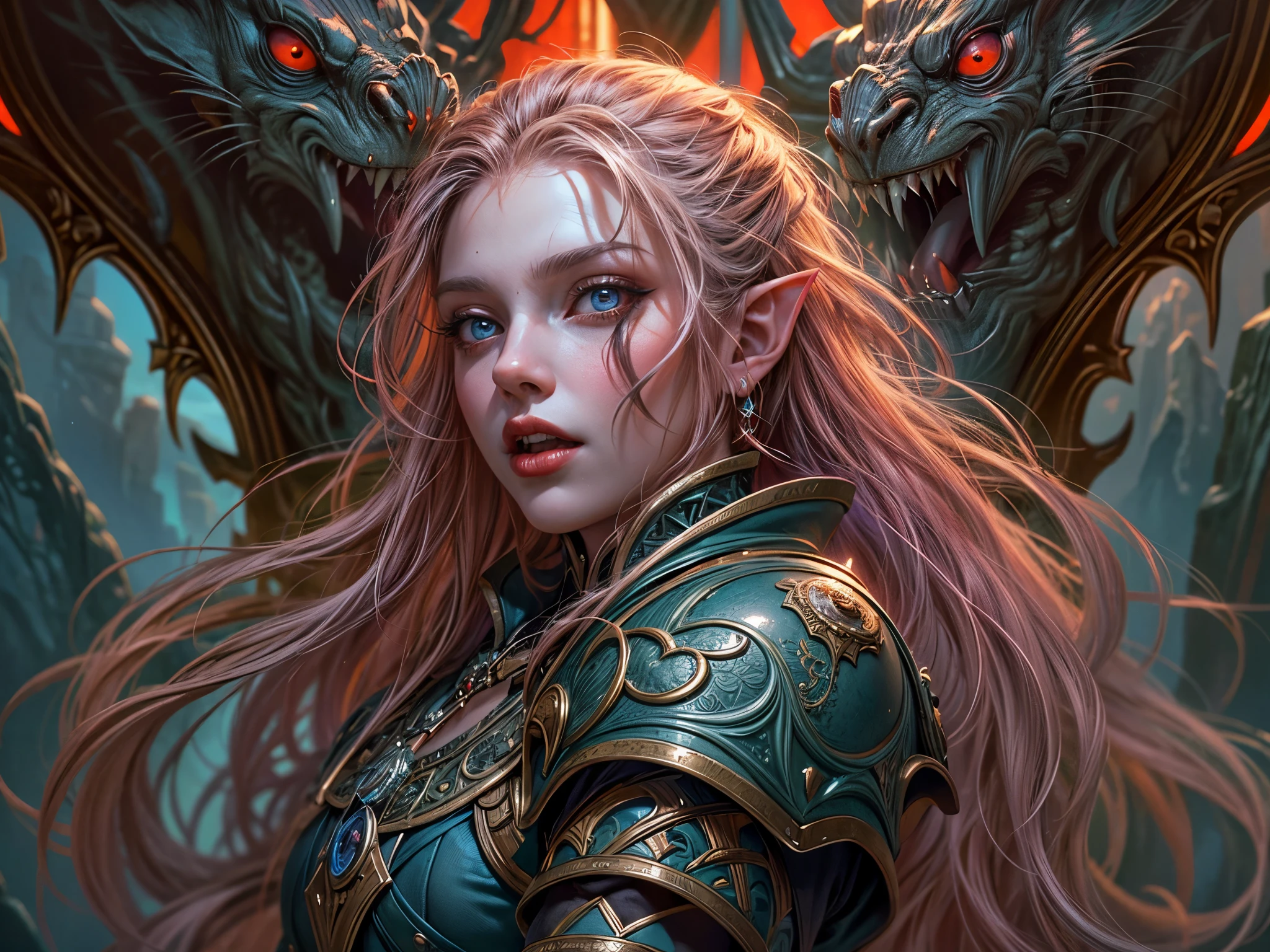 fantasy art, dnd art, RPG art, wide shot a picture of a massive shield (masterpiece, best quality, best details: 1.5) hanging on the wall, the shield has an artful image of  a beautiful female vampire elf, blood dripping, vampiric fangs, with a long curvy hair, light color hair, blue eyes, high details, best quality, 16k, [ultra detailed], masterpiece, best quality, (extremely detailed), close up, photorealistic, RAW, fantasy art, dnd art, fantasy art, realistic art,