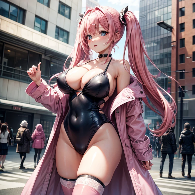 highest quality, masterpiece, pink hair、twin tails、big breasts、tits、swimsuit、exposed、Slut、Thighhighs、long coat、city、In town、In front of the station