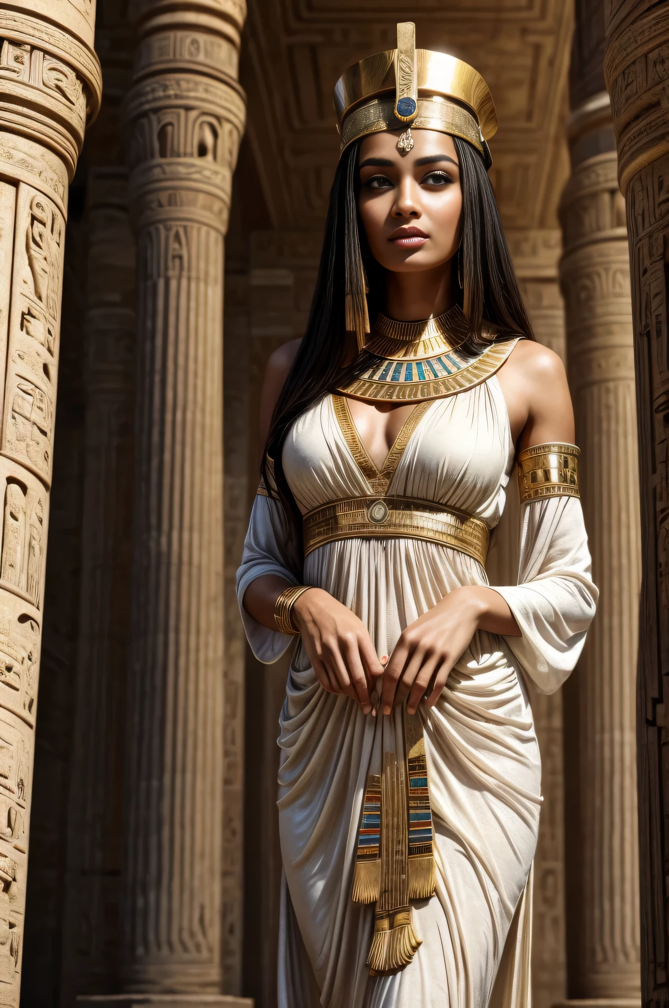 Imagine Cleopatra queen of Egypt standing in a ancient Egyptian palace 50 AC, a beautiful 19 years old Egyptian girl, slender body, wearing an ancient Egyptian white dress, 8K, ultra high res.photorealistic, UHD, Masterpiece, (half body shot:1.1)