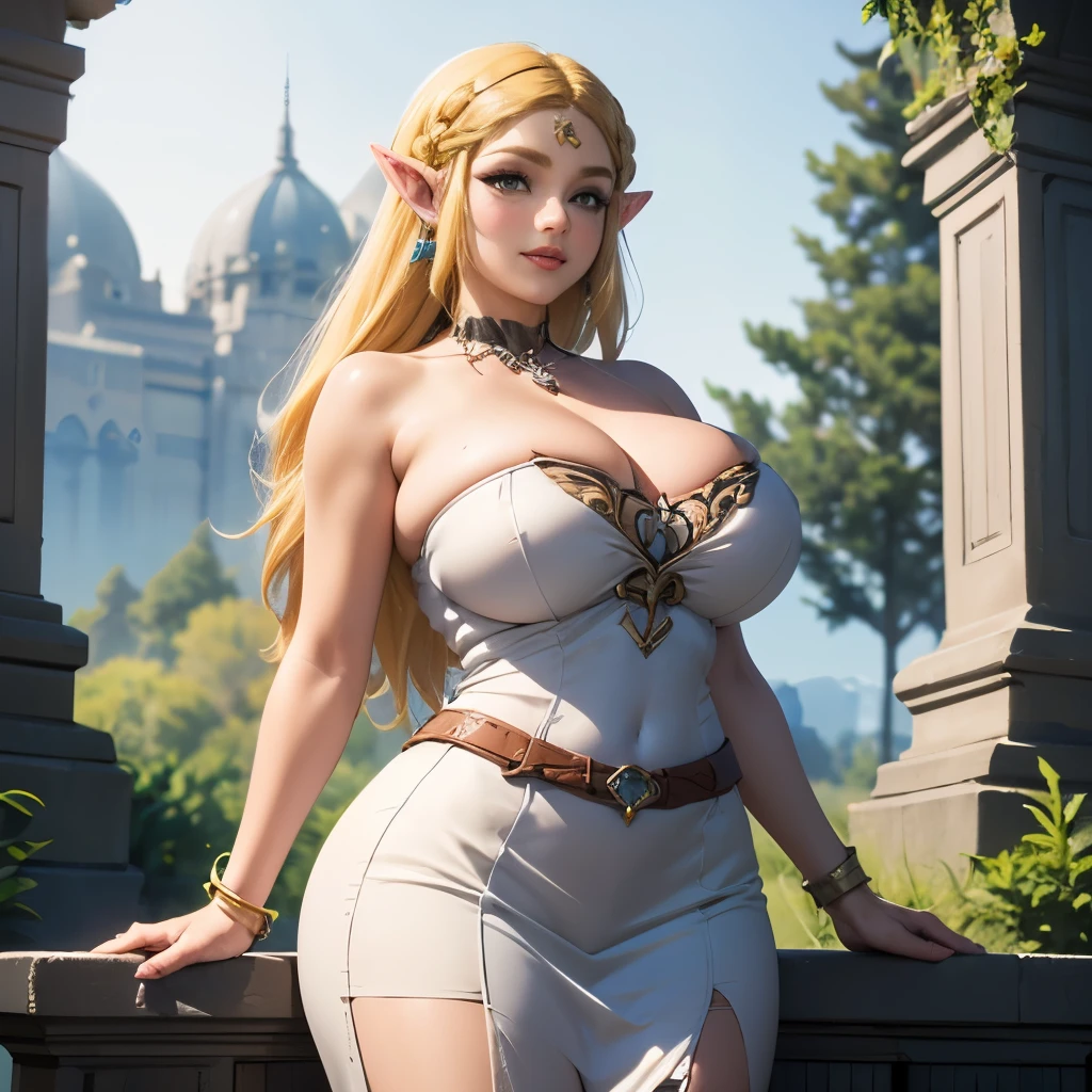 A Mature Woman with long hair in blue and beige clothing holding a modeling pose, warrior, Zelda, full body Portrait of Zelda, Zelda legend, Photos cosplay, Ornate Cosplay, Professional Cosplay, Cosplay, Full Cosplay, Artgerm Moody Photography, Princess Zelda, Zelda as Triforce, Hyrule, Anime Garota Cosplay, ray-traced, 3d-render, extremely detailed, high quality, realistic light and shadow, hair loiros, eye reflection, slight smile, (Ultra Quality,Unparalleled Masterpiece:1.4)Overwhelmingly Pixel-Perfect,Ultra-Detailed CG 4K,(Ultra-Detailed Clear Absurdly-Vivid Jade Big Eyes:1.2),Gorgeous Round Detailed Face(Voluptuous:1.4)Elf(big Breasts:1.8)(Voluminous Long Blonde Hair: 1.4),ADULT(Bangs, Sidelocks:1.2)Seductive(intricately detailed white dress:1.3)(Zelda)(Celestine Lucullus: 1.2)(Solo:1.4)(1Girl: 0.5)(Facing Viewer:1.2)(arms behind back:1.2)(Cowboy Shot:1.2)(from below:1.1),Skindentation(Curvaceous:1.4)(Curvy:1.4)(Bimbo: 1.4)(Normal Waist: 1.2)(Thick Lips: 1.3)small-nose(light smile: 1.2)Rocks,Trees, Plants,Bush,Color Graded