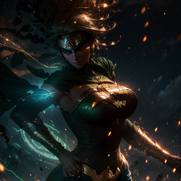 A stunning depiction of Wonder Woman in her iconic Green Lantern suit, accentuating her powerful presence and formidable physique. This illustration showcases her ample bosom, adding a touch of sensuality to her superhero persona. The vibrant colors and intricate detailing bring the character to life, capturing every curve and contour with precision. The composition exudes an air of confidence and strength, with Wonder Woman commanding attention with her prominent attributes. This artwork is a masterful blend of fantasy and realism, immersing viewers in a visually captivating and captivatingly detailed portrayal of the legendary superheroine.