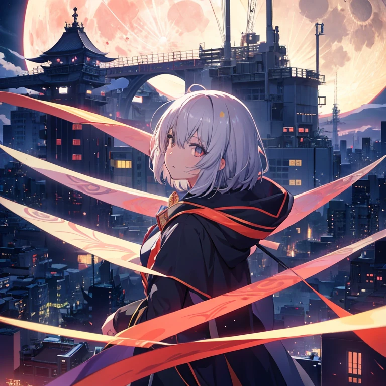 anime, huge moon, night city, gray hair, shortcut, Priestess Girl,Katana, 京都animeーション スタイル, Witstudio style, Production I.G style, CloverWorks style、Ikazuchi