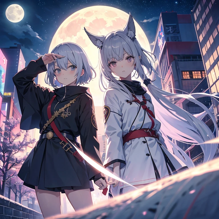 anime, huge moon, night city, gray hair, shortcut, Priestess Girl,Katana, 京都animeーション スタイル, Witstudio style, Production I.G style, CloverWorks style、Ikazuchi