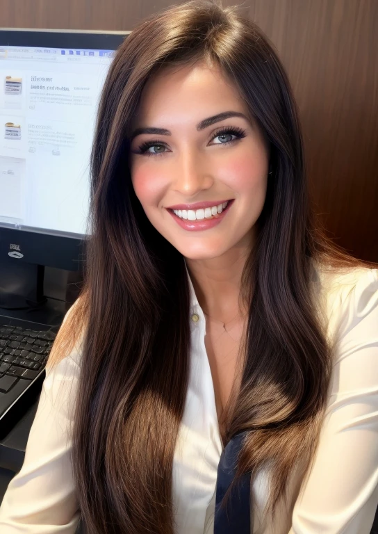 una mujer sonriendo, traje de ejecutiva, sentada en un escritoio frente a un computador portatil, mujer ejecutiva, traje de abogada, Attractive 30-year-old woman, mirando su portatil, con gafas