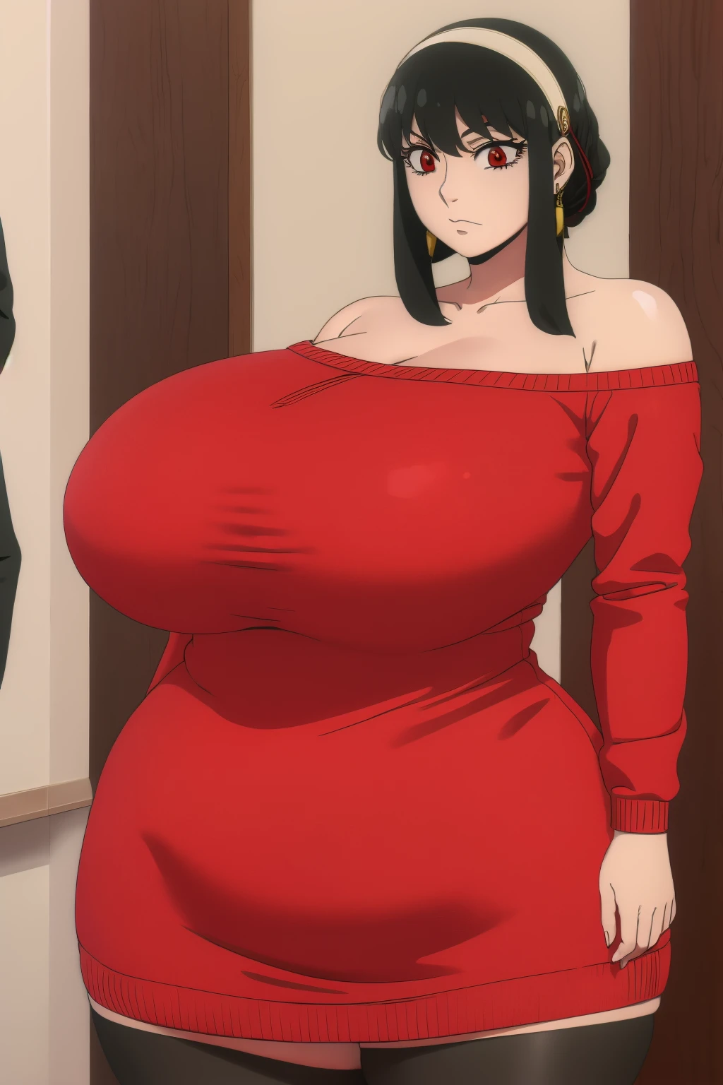 (best quality, masterpiece:1.3), (mature woman, milf), tall, anime, masterpiece, beautiful eyes, best quality, detailed face, 1girl, solo, beautiful, yor briar, black hair, (red eyes:1.5), earrings, white hairband, hairband, long hair, sidelocks, bare shoulders, collarbone, dress, long sleeves, off shoulder, off-shoulder dress, off-shoulder sweater, pantyhose, red sweater, sweater, sweater dress, thighs, big_breasts, big_ass, (high_aesthetic:1.2), plump, (gigantic_hips:1.2), sciamano240, soft shading, detailed, semi-realistic,