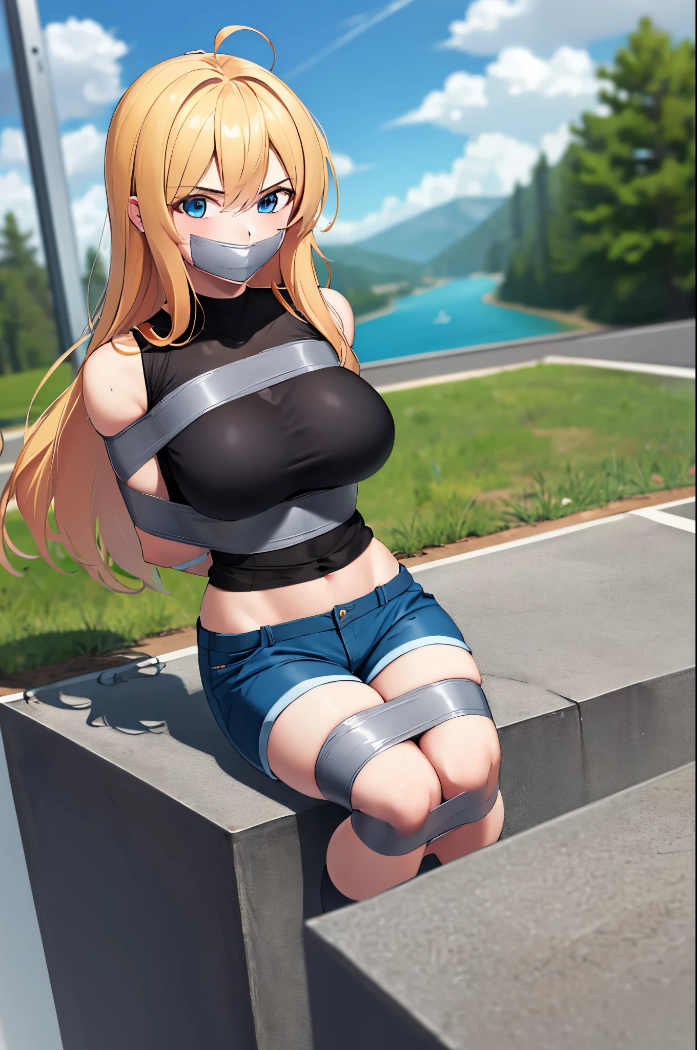 blonde hair,blue eyes,(absurdres, 8k, 4k, masterpiece, hyper extreme detailed:1.2), solo, 1girl, front view, perfect face, 1girl, portrait, expressive eyes, looking at viewer, solo, standing, Female, toned body, mature female, large breasts, pale, , long hair, swept bangs, athletic body, stoic, windy hair, moving hair, moving clothes, Shorts, black shirt, , Military, battle worn, scars, messy hair, smile, happy, heroic, perfect anatomy, friendly, heroism, blue sky, sun, clouds, muscular, half body, bound, bondage, (arms behind back:1.4), bdsm, tape gag, tape, tape bondage, restrained, best anatomy, tape wrapped, wrap gag, tightly bound, tape wrapped around face, tape above breasts, tape below breasts, sitting down, tape gag, long hair, tape between breasts, taped forearms, taped elbows, taped abdomen, taped nose, taped between arms, black t-shirt, sleeveless
