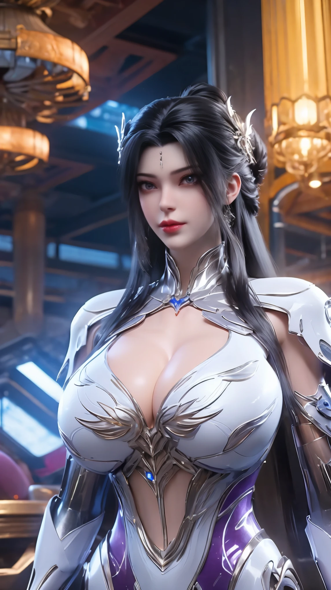 A beauty girl with black hair, 1GIRL, (PHOENIX GOLD HELM),((HUGE BREASTS,CLEAVAGE:1.5)), (MUSCLE ABS:1.3), ((MECHA GUARD ARMS,DIAMOND CORE IN MECHA:1.1)), (PURPLE SHINY FUTURISTIC MECHA,BLACK MECHA SKINTIGHT SUIT:1.5), (PERFECT THICK BODY, GLOWING BODY SKIN:1.1), (LOOKING AT VIEWER:1.3), (HALLWAY OF FUTURISTIC SPACE STATION:1), (BRIGHT LIGHT WHITE_ROOM:1.3), HYPER TEXTURE, UNREAL ENGINE RENDER, PHYSICALLY-BASED RENDERING, ULTRA HIGHT DEFINITION, 16K, 1080P.