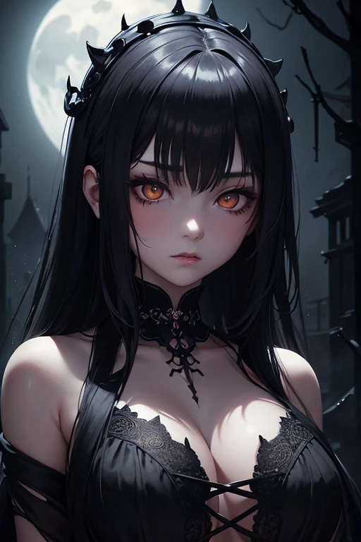(a oriental gothic gothic girl covered in a black slime),oil painting,creepy atmosphere,golden ornaments,moonlight,glowing eyes,misty background,haunting expression,high-resolution,vivid colors,smoke,sharp focus,physically-based rendering