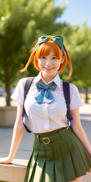 2d, masterpiece, best quality, anime, highly detailed, 1girl, solo, cowboy shot, nakano yotsuba, orange hair, hair bow, green bowtie, yellow sweater, collared shirt, green skirt, miniskirt, medium breasts, standing, school, outdoors, smile