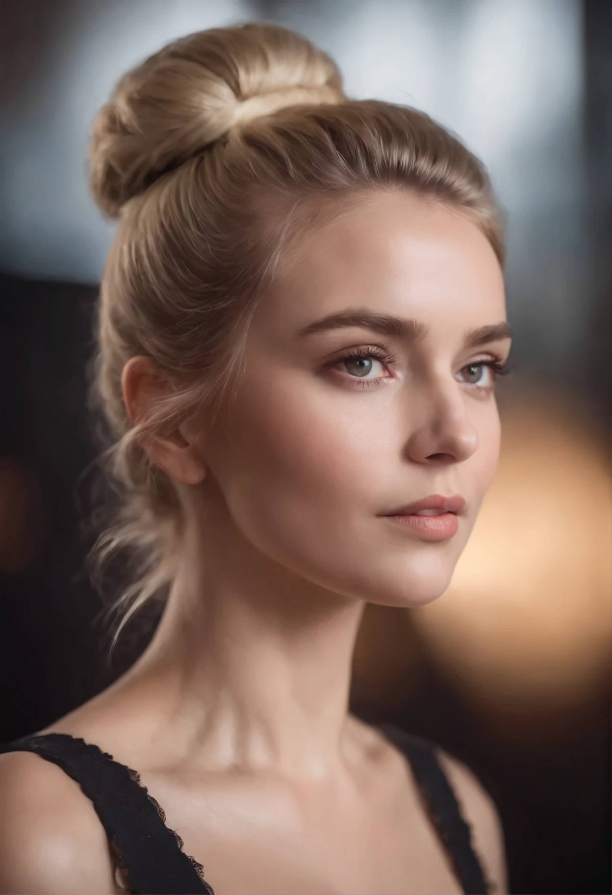 an eye contact of a blond with bun hair and dark theme
