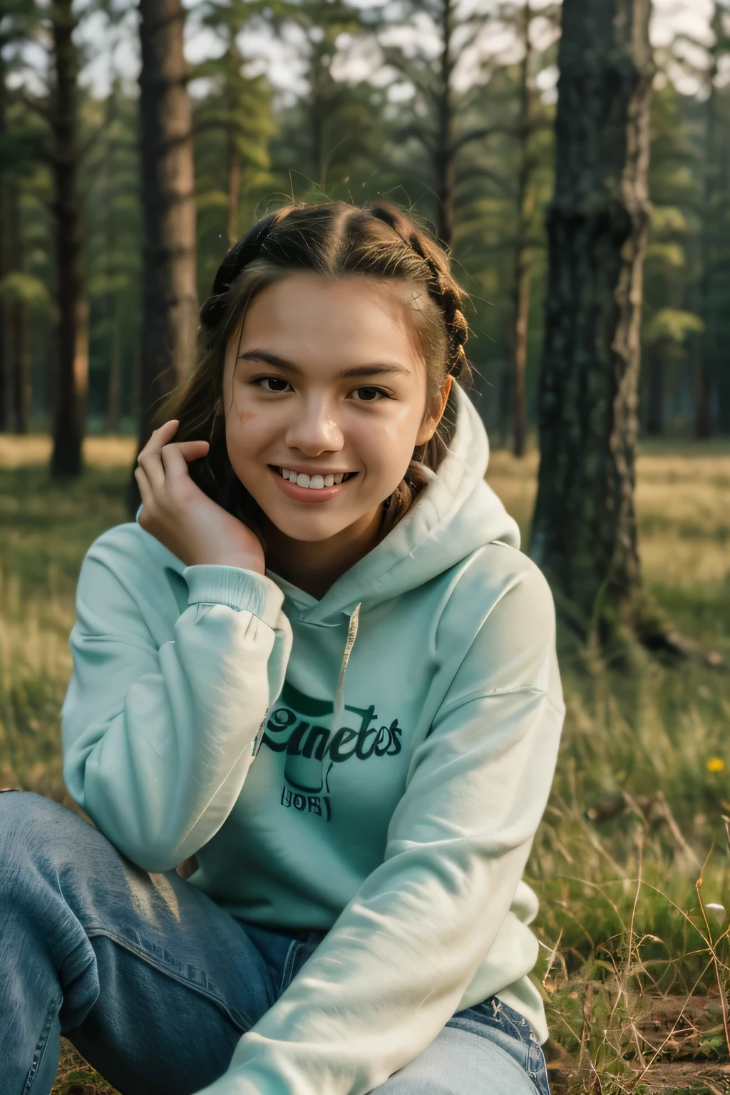 Candid photo, poor quality camera, light and shadows, closeup ((POV selfie)) of **** Olivia Rodrigo with (acne) (no makeup) with braids dressed in hoodie and jeans sitting in summer meadow with forest and small hills in background, evening, smiling:1.0, extremely detailed skin, skin acne, extremely detailed eyes and hair, (dynamic_angle:1.2), (dynamic_pose:1.2), film grain