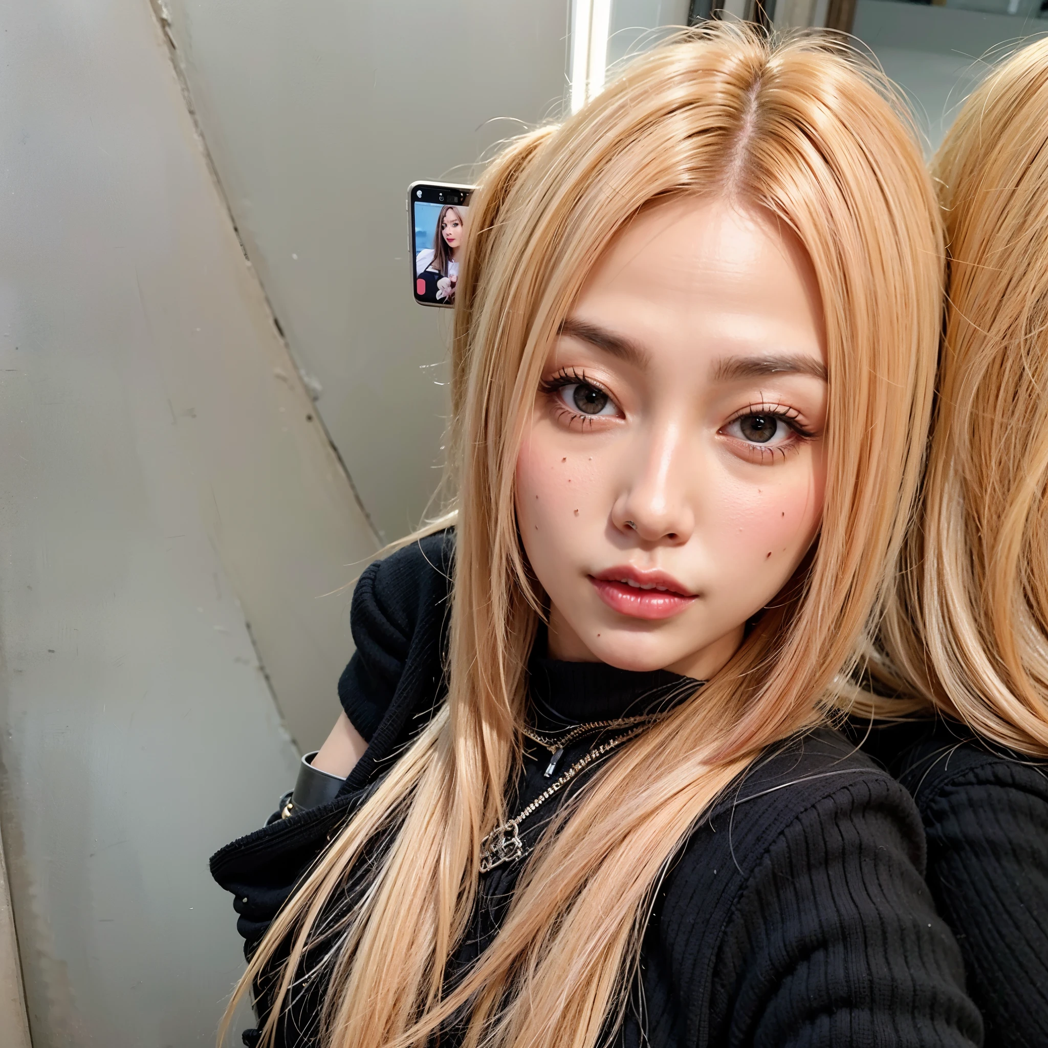 there is a woman with long blonde hair taking a selfie, parque roseanne de blackpink, jossi do blackpink, Ulzzang, portrait of jossi do blackpink, jennie blackpink, ava max, o corte Hime, Lalisa Manobal, com cabelo comprido, Lalisa Manoban do Blackpink, cabelo loiro muito claro, imagem vazada, Bela Delfina