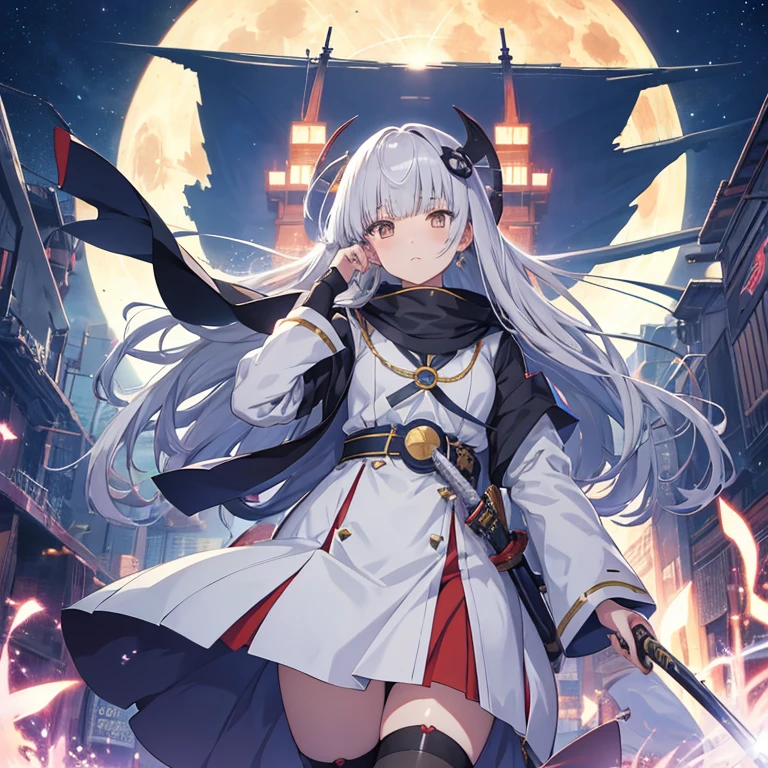 anime, huge moon, electronic circuitry, gray hair(bangs bangs), shortcut, (Priestess Girl),Katana, 京都animeーション スタイル, Witstudio style, Production I.G style, CloverWorks style、Ikazuchi