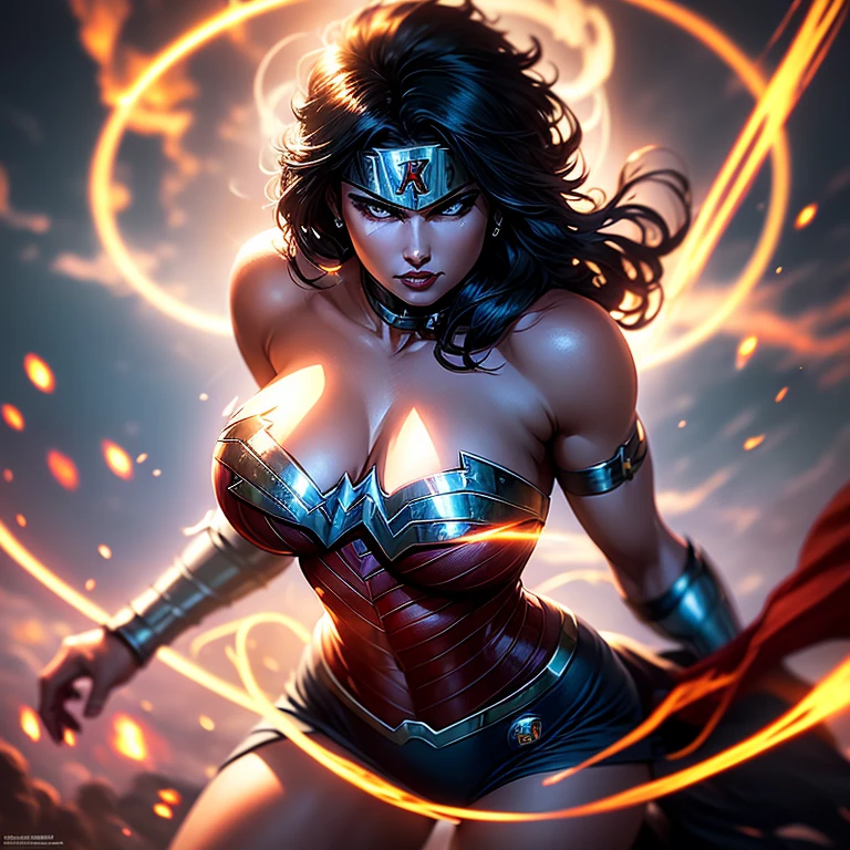A powerful Green Lantern emblem glows brightly on Wonder Woman's chest, her strong arms crossed in front of her, expressing determination and confidence. With her iconic red, blue, and golden outfit clinging tightly to her curvaceous figure, her big tits accentuated by the revealing design, she exudes an aura of strength and allure. The intricate details of her armor catch the spotlight in this cinematic shot, the hdr lighting lighting up her heroic features with vibrant colors, making for a stunning and captivating scene.