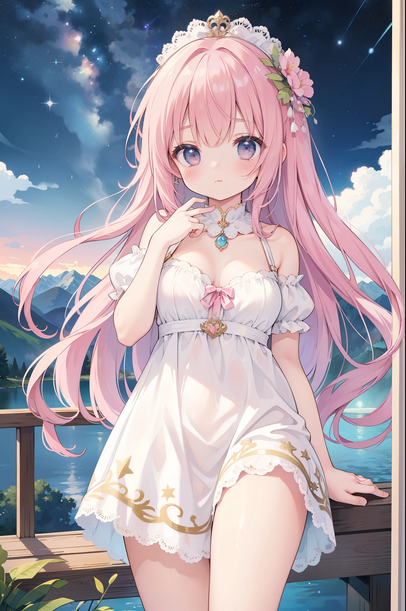 （masterpiece）、(highest quality)、((Super detailed))、(super delicate)、Idol in naughty night dress、Pastel colors hair、beautiful breasts、Thighs、Gorgeous、lake with mountain view、Fantastic starry sky