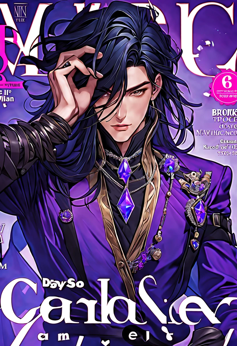 handsome, pose like on a magazine cover, extremely detailed fantasy clothing, long black hair, violet, jewels on hand