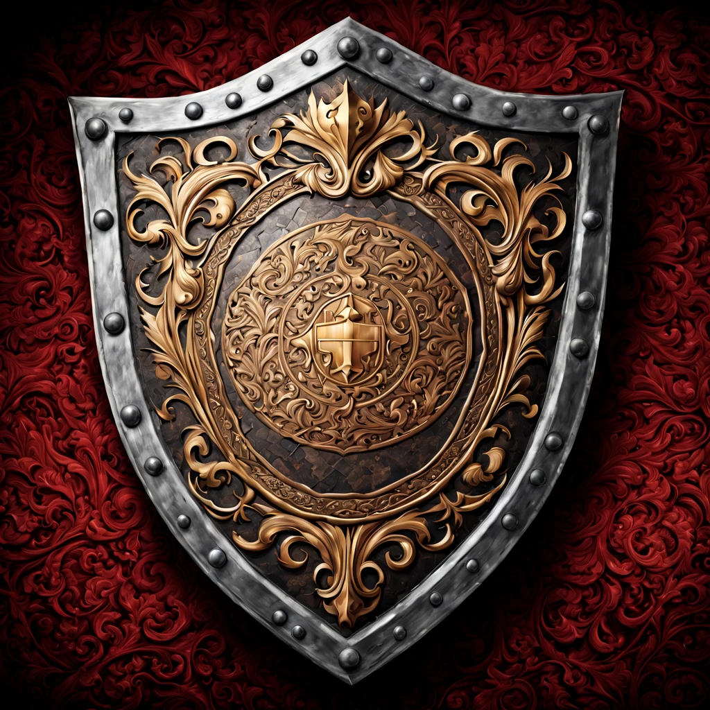 professional, photography, (medieval shield:1.34), shield, detailed design, metallic texture, intricate patterns, historical, engraved emblem, craftsmanship, high resolution image, studio lighting, antique, vintage style, rich color tones, realistic shadows , battle-worn marks, weathered surface, heroic symbolism, epic composition, dramatic lighting, majestic, chivalrous, ancient craftsmanship, heritage, feudal era, hero's weapon, magnificent art, exquisite details, gilded details, elaborate engravings, polished surface, ornate decorations, noble heritage, medieval armor, iconic symbol, museum quality, refined work of art, grandeur, majestic