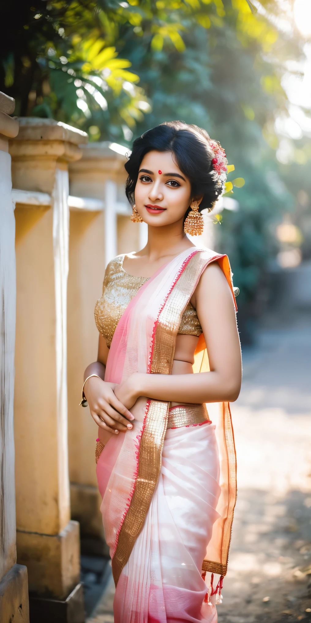 A woman in a pink sari posing for a photo - SeaArt AI