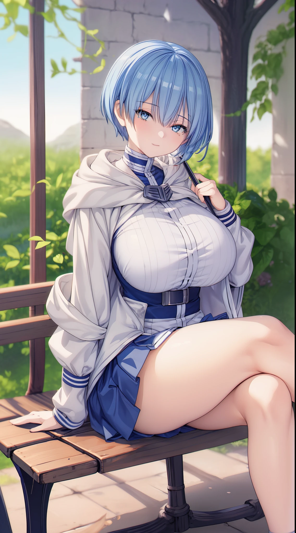  (Beautiful, Huge_Breasts), very short skirt, himmel_sousou_no_frieren, blue hair, blue eyes

anime girl sitting on a bench,

looking at viewer, in the center of the image, 

HD texture, 4k, perfect light, perfect component
