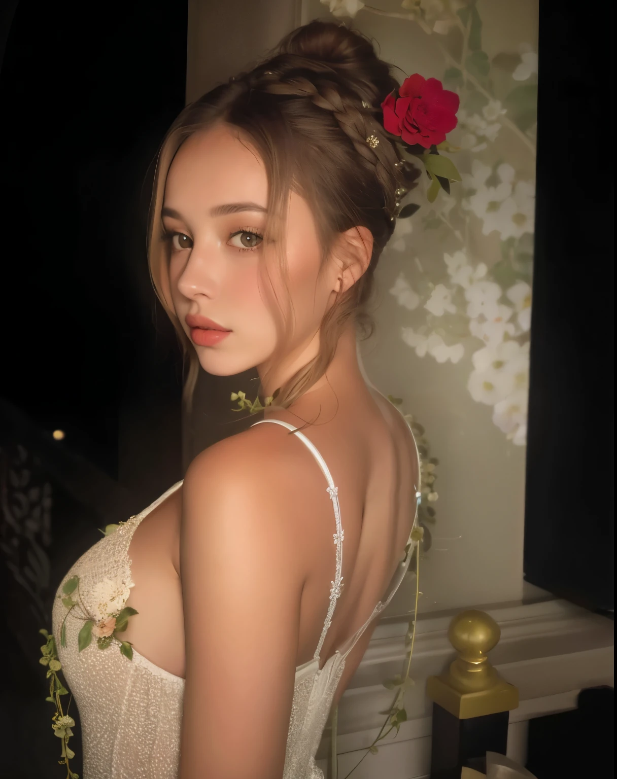 Hay una mujer con una flor en el pelo posando para una foto, Retrato de Sophie Mudd, estilo de julia razumova, sydney sweeney, bella poarch, Yelena Belova, Dasha Taran, Angelina Stroganova, anastasia ovchinnikova, anna nikonova aka new milkmaid, inspirado por Olga Rozanova, muy bonita modelo, imagen filtrada