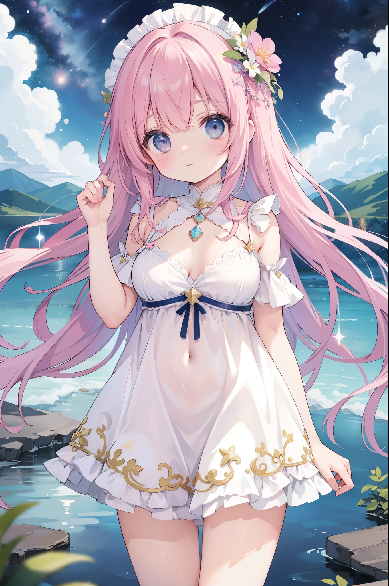 (masterpiece)、(highest quality)、((Super detailed))、(super delicate)、Idol in naughty night dress、Pastel colors hair、beautiful breasts、Thighs、Gorgeous、lake with mountain view、Fantastic starry sky
