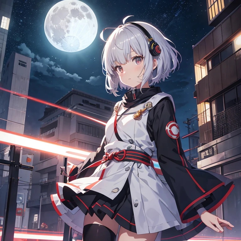 Anime, Giant Moon, Electronic Circuit, Gray Hair (Bangs), Short Cut, (Miko Girl),Katana, Kyoto Animation Style, Witstudio Style, Production I.G Style, CloverWorks Style, Ikazuchi