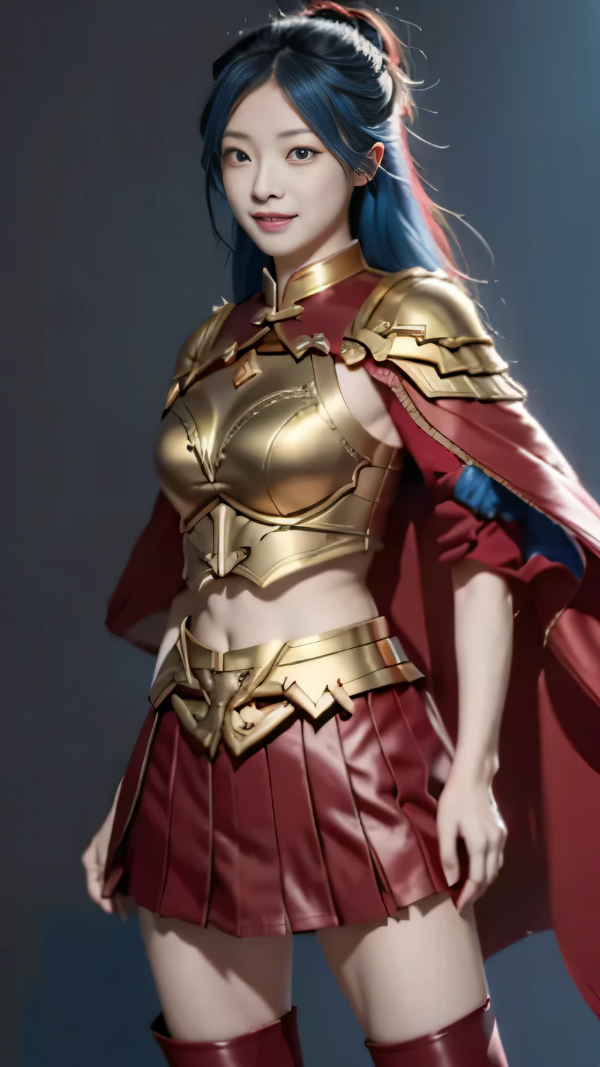 Chinese female general Hua Mulan,Saffron Hu suit lining,Detail the eyes,Crimson cape,Gold metal breastplate,golden helmet,battlefield background,majestic,Smile(open mouth)(The corners of the mouth are raised),Leather tunic,Knee armor,full-body shot,red metal headband,light blue hair,Hair bun raised high。Wilderness background