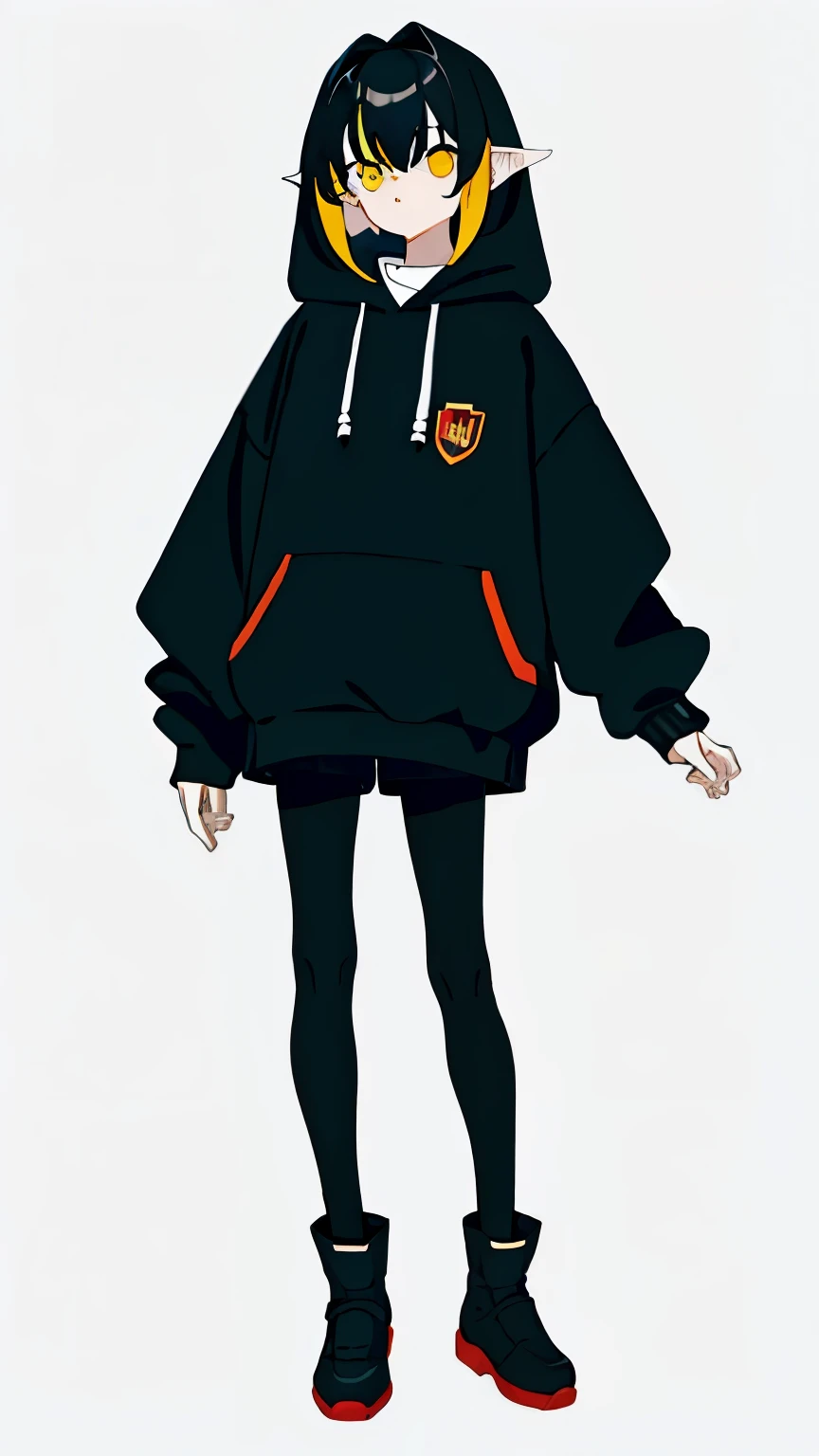 (masterpiece, Best quality) ,whole body,10 years old boy, shorts, long sleeve hooded sweater, with floppy ears like a dog's, bored expression, fluffy thick hair, Bright eyes , (One), standing, (masterpiece), ((Best quality)), (ultra detailed), detailed information, flat colors, Colorful, (1other:1.1), Tachi-e, no designs on clothes, rubber boots, black tights