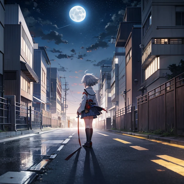 Anime, Giant Moon, Electronic Circuit, Gray Hair (Bangs), Short Cut, (Miko Girl),Katana, Kyoto Animation Style, Witstudio Style, Production I.G Style, CloverWorks Style, Ikazuchi