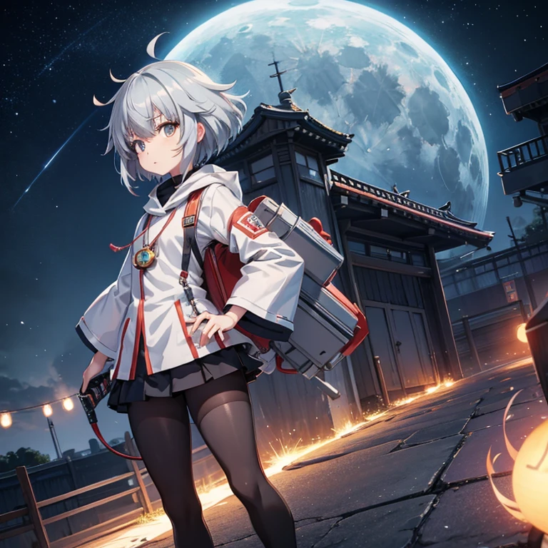 Anime, Giant Moon, Electronic Circuit, Gray Hair (Bangs), Short Cut, (Miko Girl),Katana, Kyoto Animation Style, Witstudio Style, Production I.G Style, CloverWorks Style, Ikazuchi