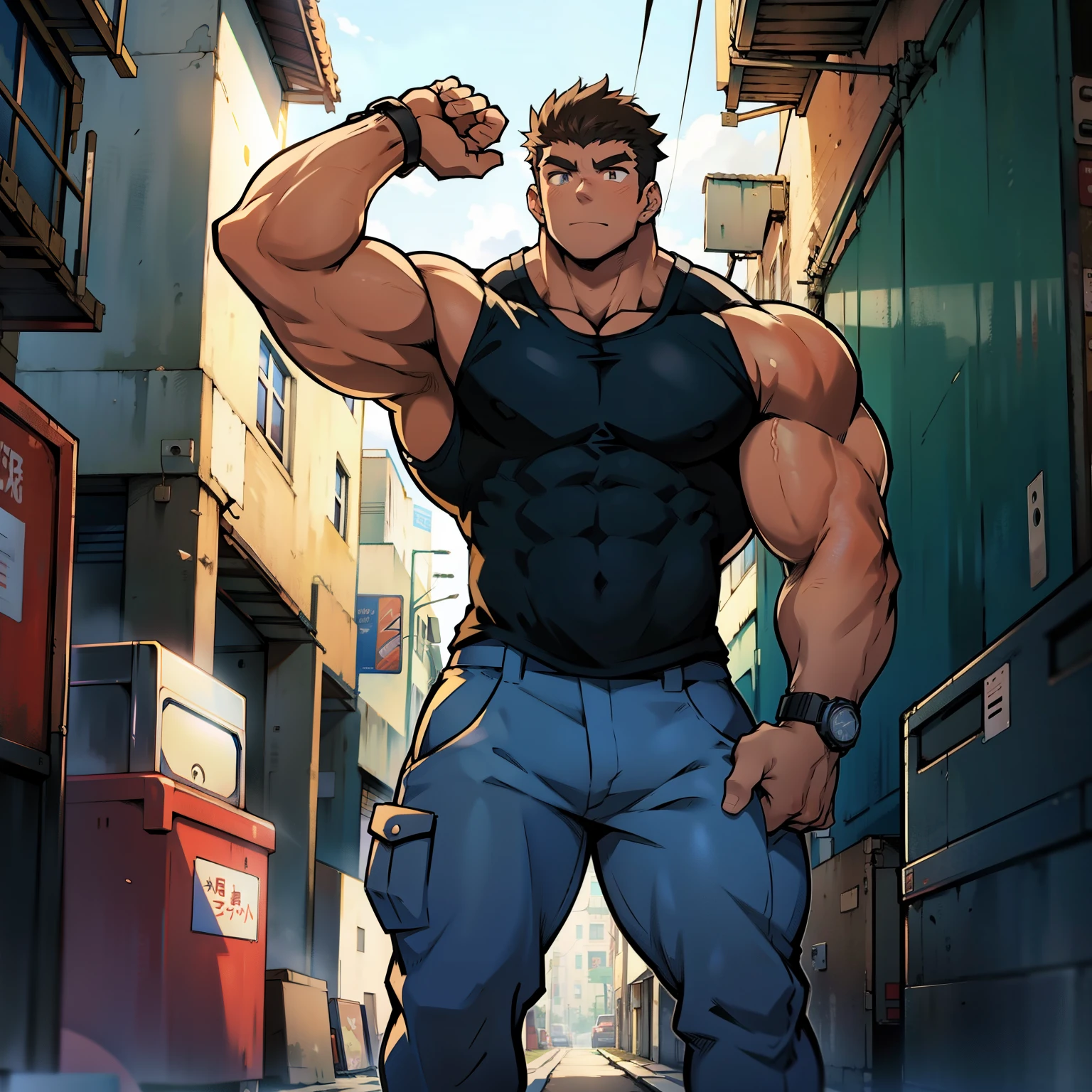 ((Anime style art)), Extremely muscular masculine character, bodybuilder body, wearing a sleeveless V-neck shirt, hands raised at neck level, The character is leaning against a wall. Pockets, Futuristic cityscape, Busy route, Buildings, person
AS & Vehicles. Main character from the anime, Nice image, Hard drive, 4k, Main character leaning against a wall with his hands at face level.