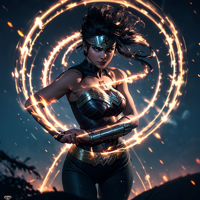 A powerful Green Lantern emblem glows brightly on Wonder Woman's chest, her strong arms crossed in front of her, expressing determination and confidence. With her iconic red, blue, and golden outfit clinging tightly to her curvaceous figure, her big tits accentuated by the revealing design, she exudes an aura of strength and allure. The intricate details of her armor catch the spotlight in this cinematic shot, the hdr lighting lighting up her heroic features with vibrant colors, making for a stunning and captivating scene.