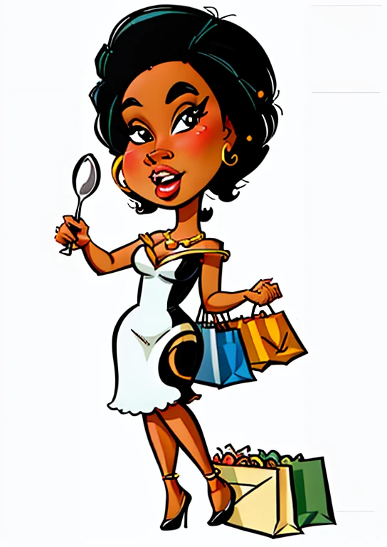 cartoon woman with shopping bags and a spoon, cute woman, in cartoon style, african american woman, shopping groceries, gorgeous lady, cartoon style illustration, cartoon image, cartoon illustration, beautiful lady, full pose, girl, holiday season, clipart, customers, elegant lady, caricature style, official illustration, caricature illustration, colored illustration, black woman, by Ella Guru