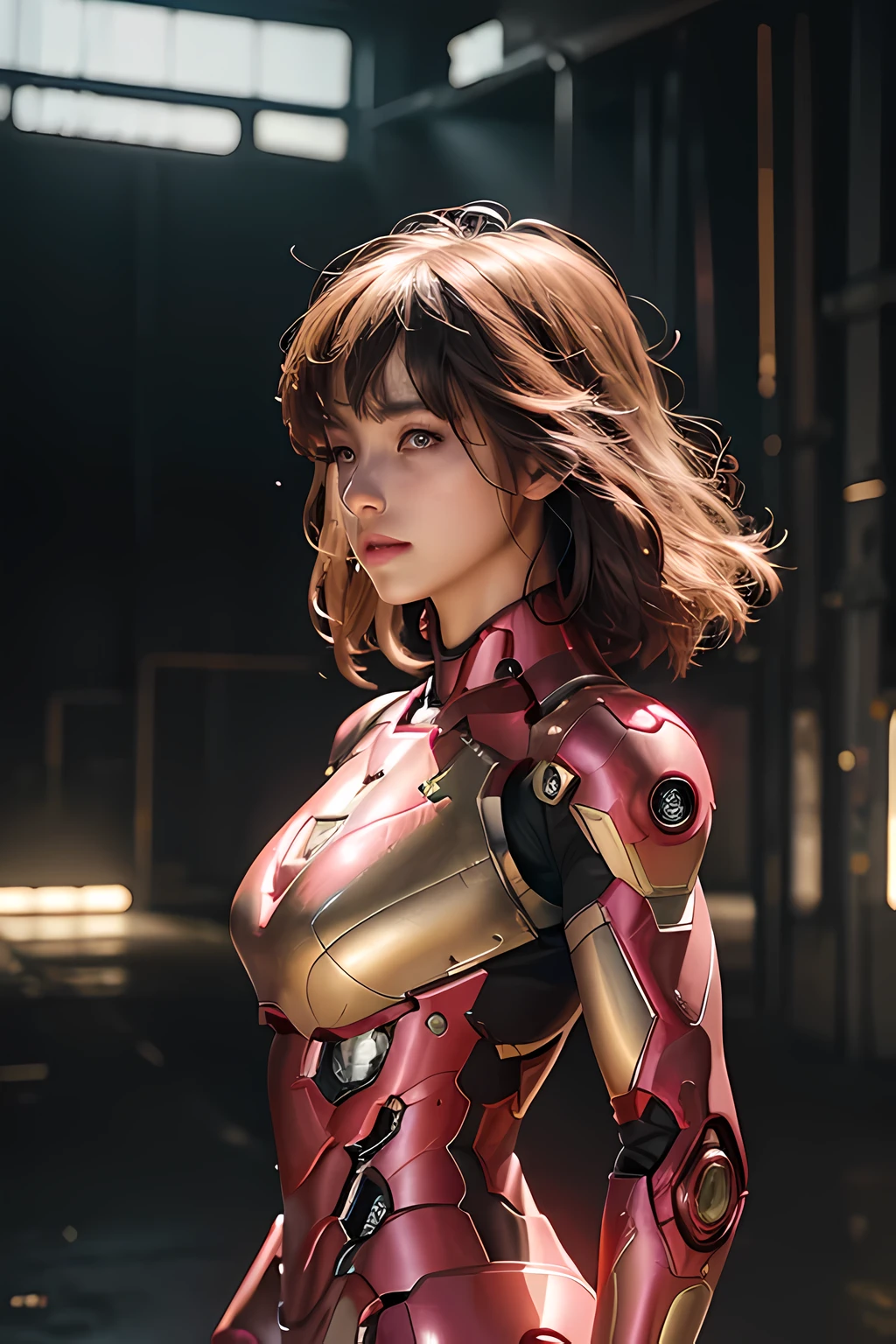 (1girl:1.3), solo, upper body, official art, unity 8k wallpaper, ultra detailed, beautiful and aesthetic, beautiful, masterpiece, best quality, RAW, masterpiece, super fine photo, best quality, super high Resolution, photorealistic, sunlight, full body portrait, stunningly beautiful, dynamic pose, delicate face, vibrant eyes, (side view), she is wearing a futuristic Iron Man mech, pink and gold, Highly detailed abandoned warehouse background, detailed face, detailed complex busy background, messy, gorgeous, milky, high detailed skin, realistic skin details, visible pores, sharp focus, volumetric fog, 8k uhd, dslr camera, High quality, film grain, fair skin,