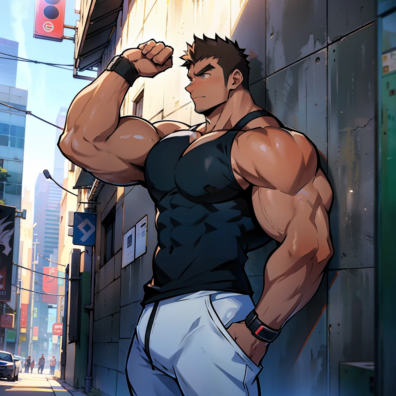 ((Anime style art)), Extremely muscular masculine character, bodybuilder body, wearing a sleeveless V-neck shirt, hands raised at neck level, The character is leaning against a wall. Pockets, Futuristic cityscape, Busy route, Buildings, person
AS & Vehicles. Main character from the anime, Nice image, Hard drive, 4k, Main character leaning against a wall with his hands at face level.