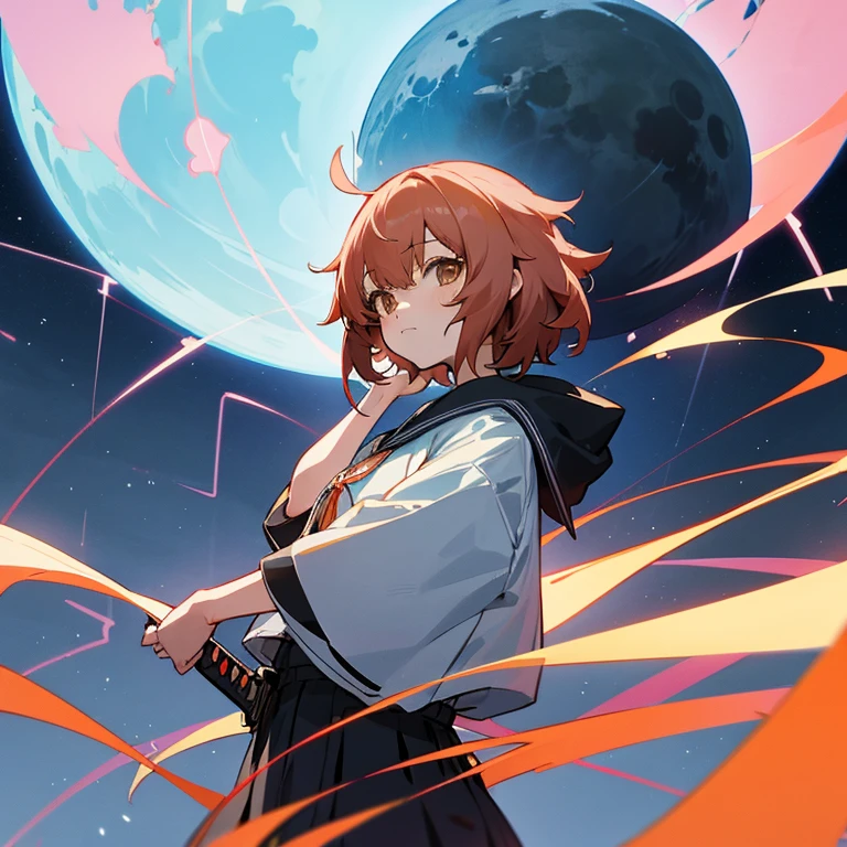 Anime, Giant Moon, Electronic Circuit, Gray Hair (Bangs), Short Cut, (Miko Girl),Katana, Kyoto Animation Style, Witstudio Style, Production I.G Style, CloverWorks Style, Ikazuchi