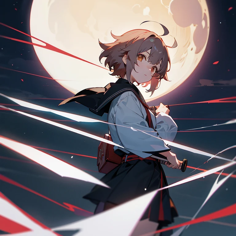 Anime, Giant Moon, Electronic Circuit, Gray Hair (Bangs), Short Cut, (Miko Girl),Katana, Kyoto Animation Style, Witstudio Style, Production I.G Style, CloverWorks Style, Ikazuchi