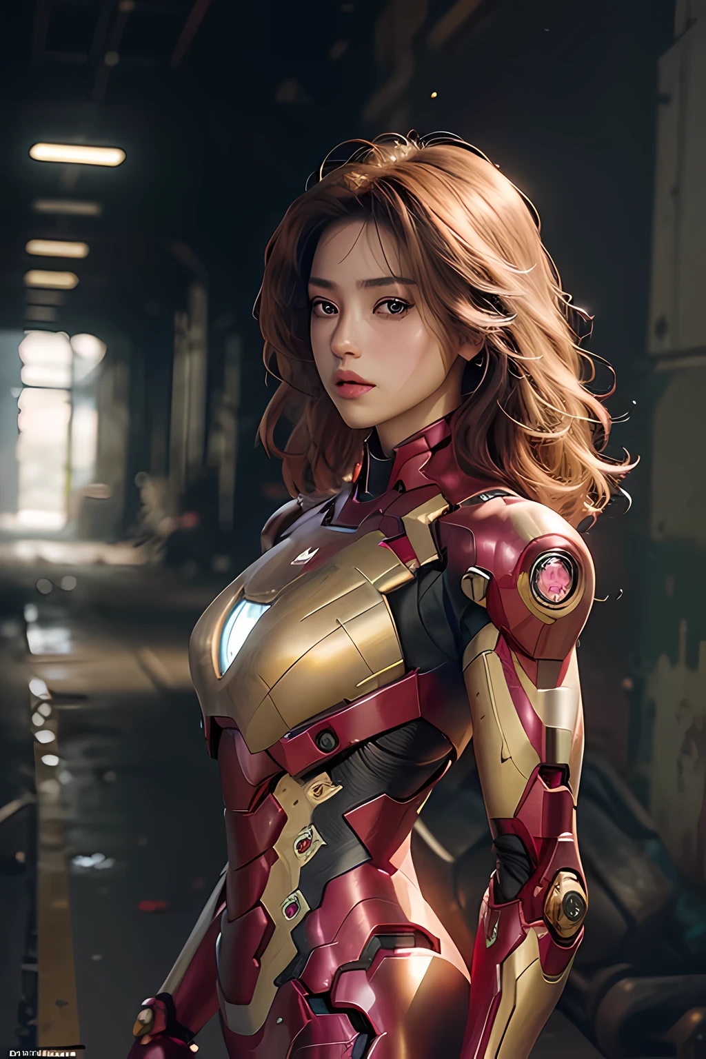 (1girl:1.3), solo, upper body, official art, unity 8k wallpaper, ultra detailed, beautiful and aesthetic, beautiful, masterpiece, best quality, RAW, masterpiece, super fine photo, best quality, super high Resolution, photorealistic, sunlight, full body portrait, stunningly beautiful, dynamic pose, delicate face, vibrant eyes, (side view), she is wearing a futuristic Iron Man mech, pink and gold, Highly detailed abandoned warehouse background, detailed face, detailed complex busy background, messy, gorgeous, milky, high detailed skin, realistic skin details, visible pores, sharp focus, volumetric fog, 8k uhd, dslr camera, High quality, film grain, fair skin,