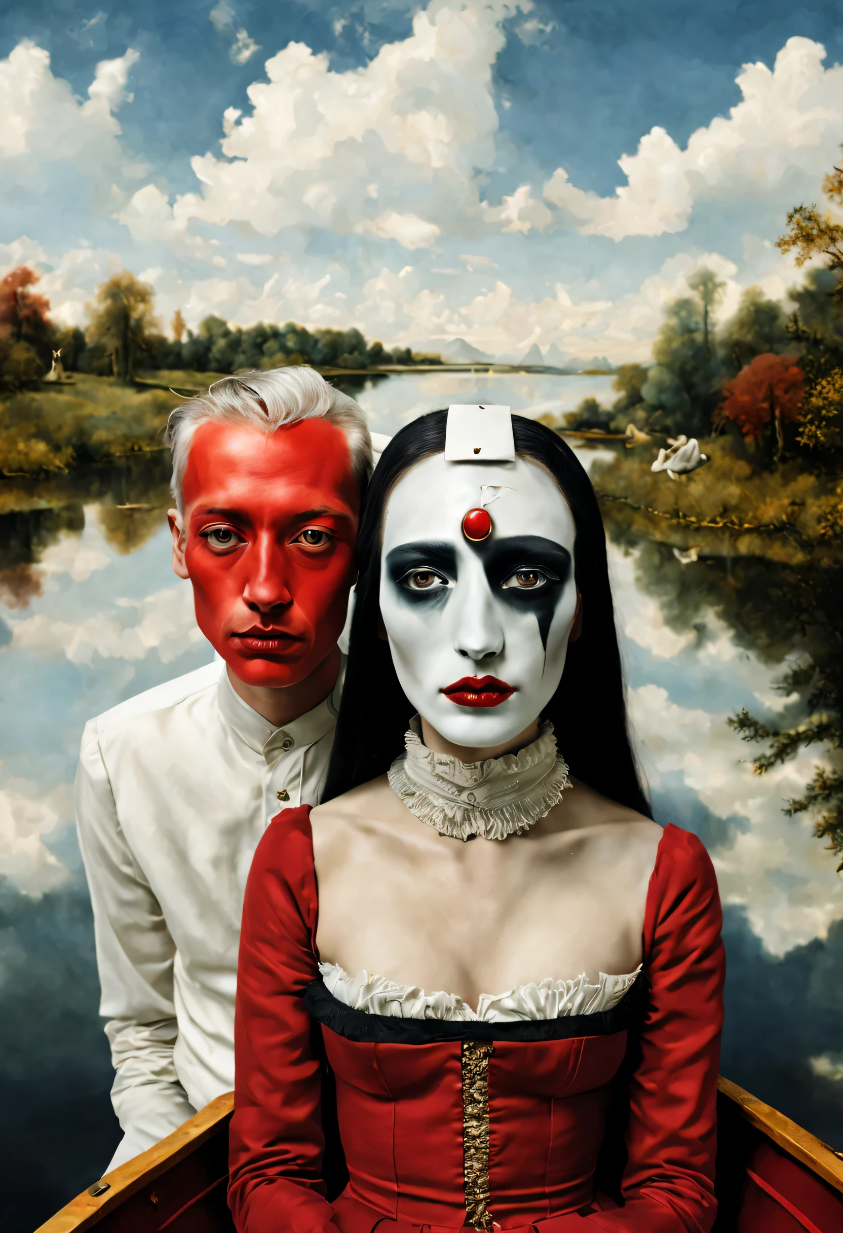 masterpiece.up portrait of diverse model couple with man bright white face, and women dark black face with red eyes looking straight at you in a boat on a mirror lake by hyeronimus bosch.More surrealism and madness.much more surrealism and crazy designs. With gold and cardinal red surreal Salvador Dali clouds coming out of her head.more surrealism and bizarre designs with bright vibrant colours.
