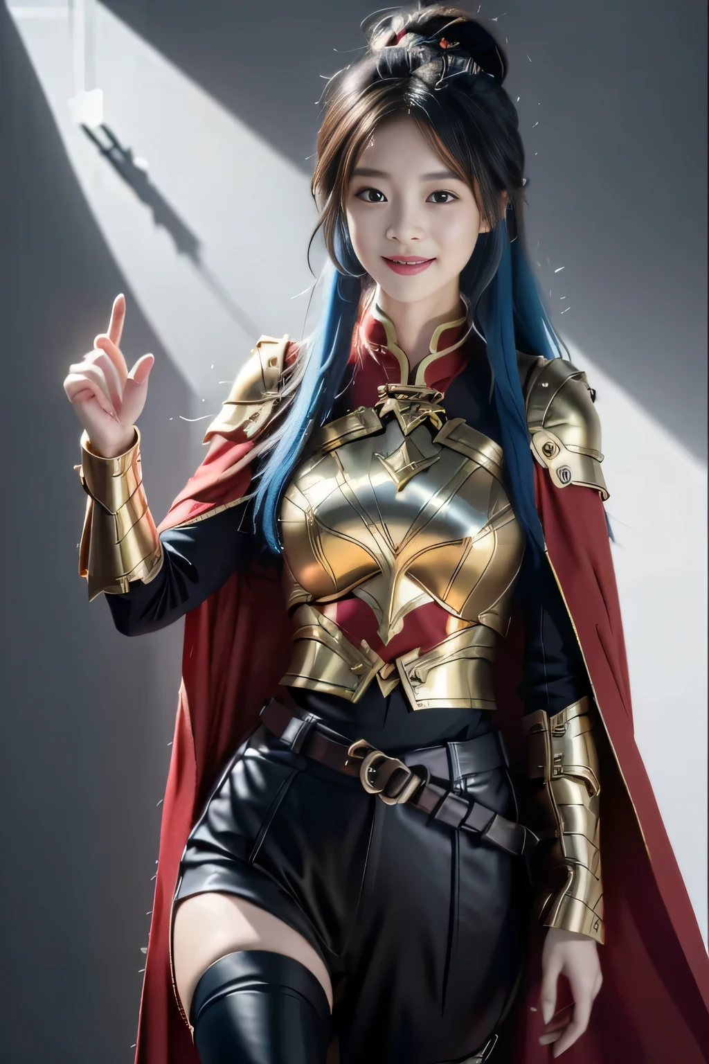 Chinese female general Hua Mulan,Saffron Hu suit lining,Detail the eyes,Crimson cape,Gold metal breastplate,silver helmet,battlefield background,majestic,Smile(open mouth)(The corners of the mouth are raised),Leather tunic,Knee armor,Eight clones,red metal headband,light blue hair,Hair bun raised high。wild wilderness background