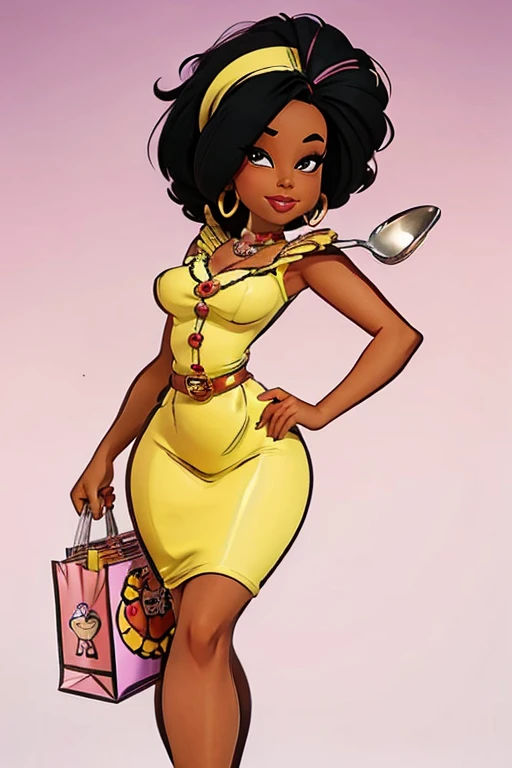 cartoon woman with shopping bags and a spoon, cute woman, in cartoon style, african american woman, shopping groceries, gorgeous lady, cartoon style illustration, cartoon image, cartoon illustration, beautiful lady, full pose, girl, holiday season, clipart, customers, elegant lady, caricature style, official illustration, caricature illustration, colored illustration, black woman, by Ella Guru