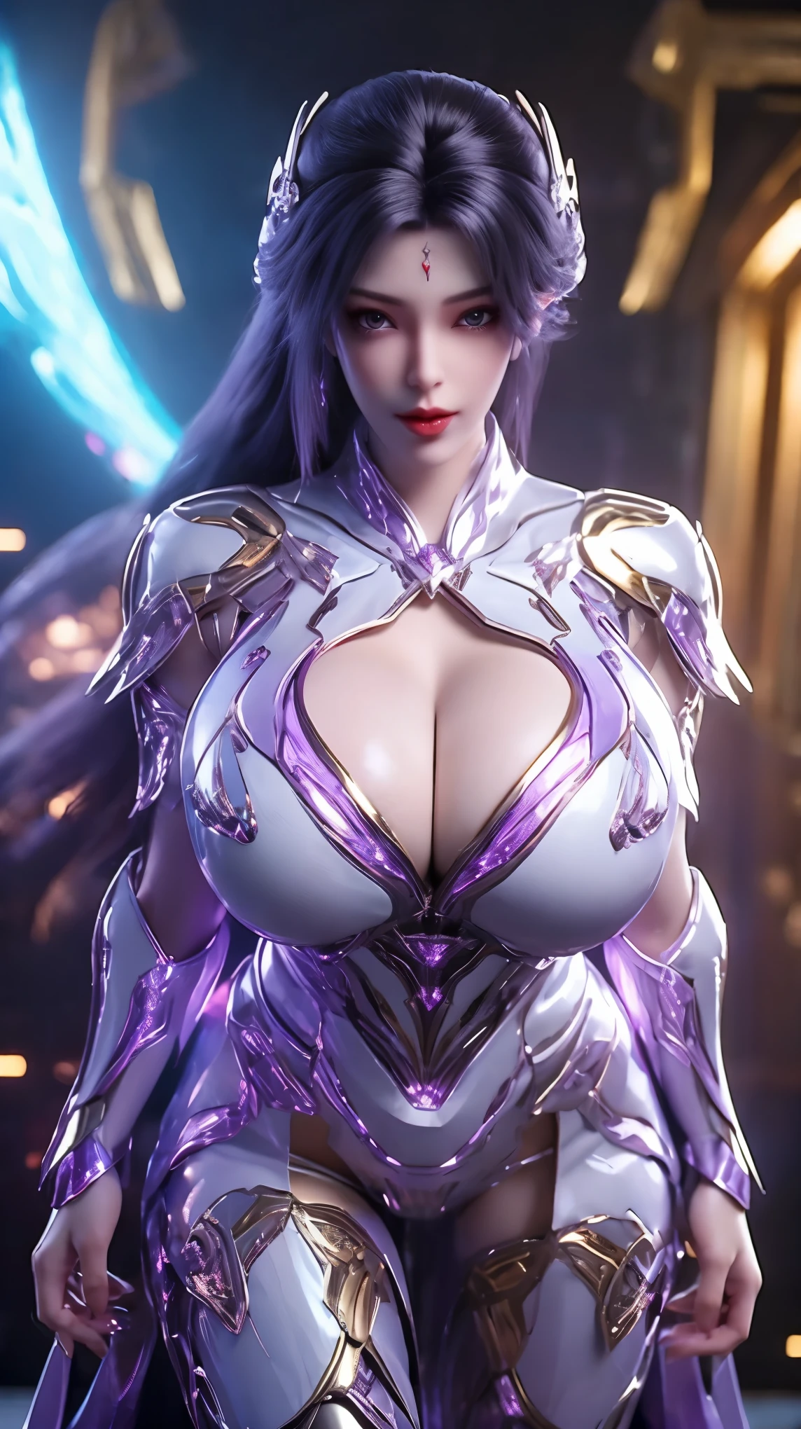 A beauty girl with black hair, 1GIRL, (PHOENIX GOLD HELM),((HUGE FAKE BREASTS,CLEAVAGE:1.5)), (MUSCLE ABS:1.3), ((MECHA GUARD ARMS,DIAMOND CORE IN MECHA:1.1)), (PURPLE SHINY FUTURISTIC MECHA,BLACK MECHA SKINTIGHT SUIT:1.5), (PERFECT THICK BODY, GLOWING BODY SKIN:1.1), (LOOKING AT VIEWER:1.3), (HALLWAY OF FUTURISTIC SPACE STATION:1), (BRIGHT LIGHT WHITE_ROOM:1.3), HYPER TEXTURE, UNREAL ENGINE RENDER, PHYSICALLY-BASED RENDERING, ULTRA HIGHT DEFINITION, 16K, 1080P.