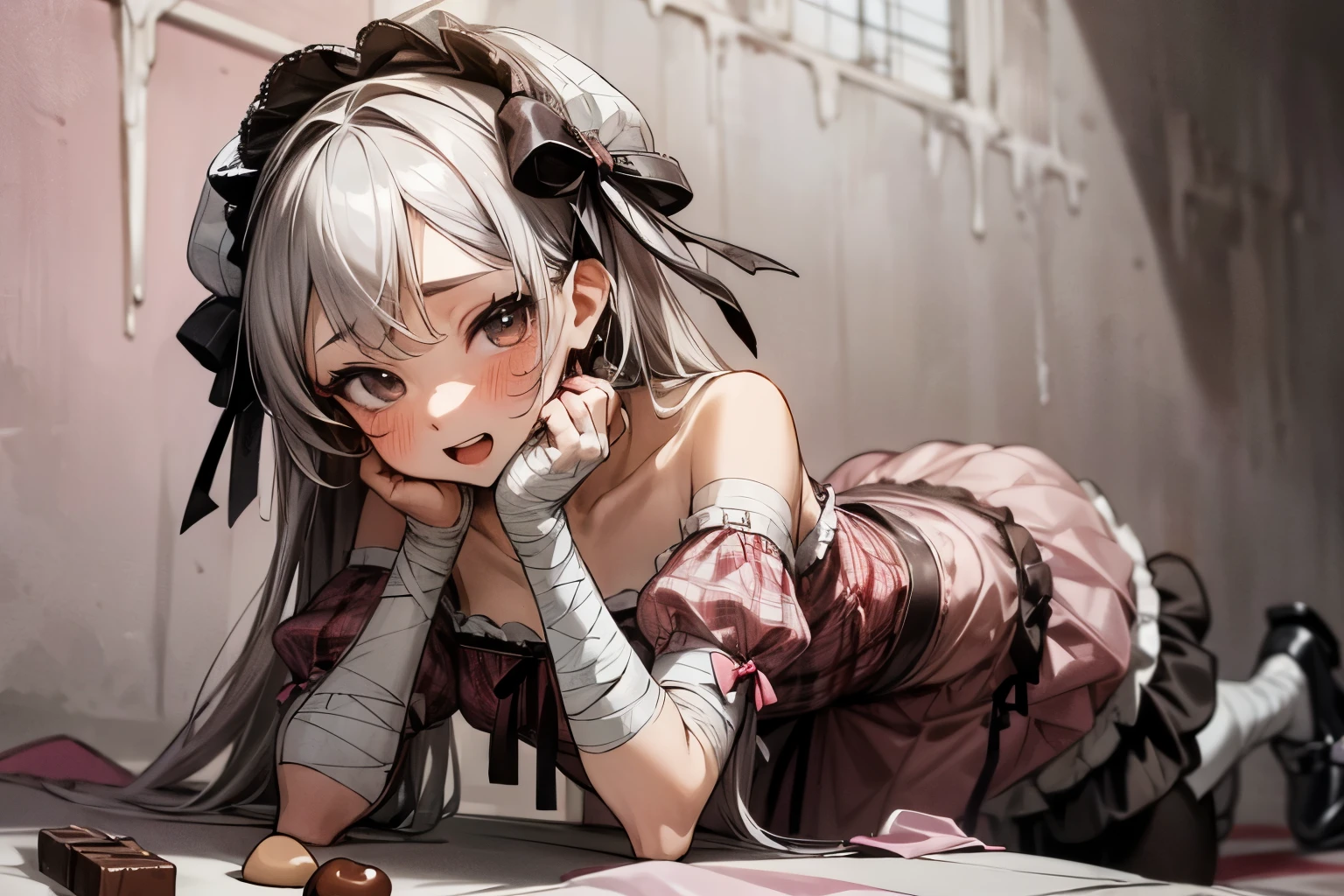((Masterpiece)), (best quality), cute , ((all-fours)), Plaid dress, (Off-Shoulder dress), hoop dress, wearing toy tiara, small breast, (lolita fashion), (seductive pose), (bandaged arms:1.5), exposed bare shoulder and arms, lolita style, cute smile, open mouth, pretty, portrait of lolita girl, emo style, red checker, (against the Colorful pastel wall), ribbon belt, (Melted Chocolates walls), ((erotic)),
