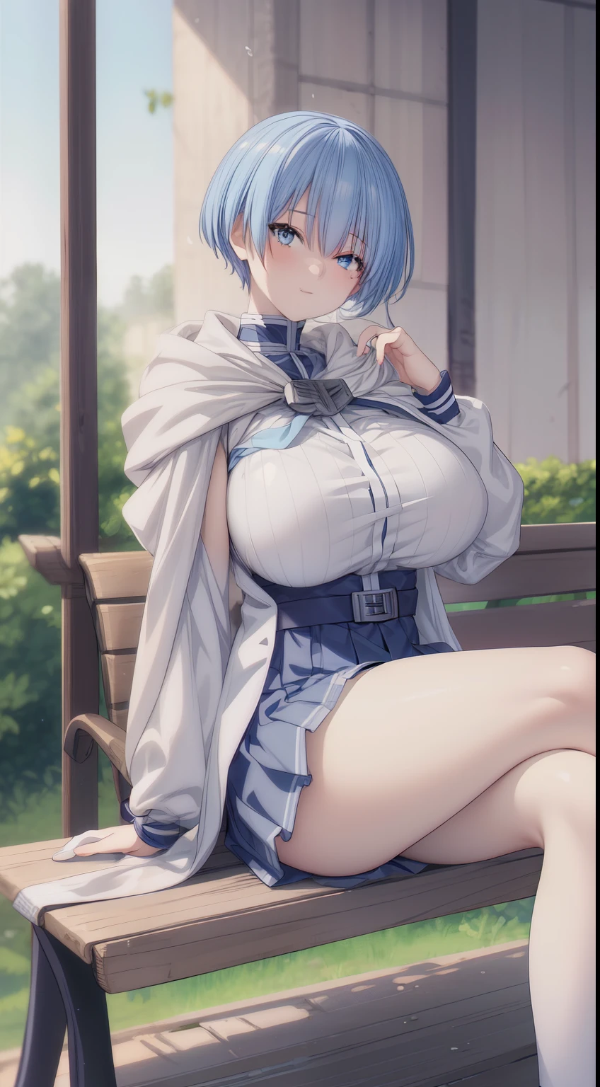  (Beautiful, Huge_Breasts), very short skirt, himmel_sousou_no_frieren, blue hair, blue eyes

anime girl sitting on a bench,

looking at viewer, in the center of the image, 

HD texture, 4k, perfect light, perfect component
