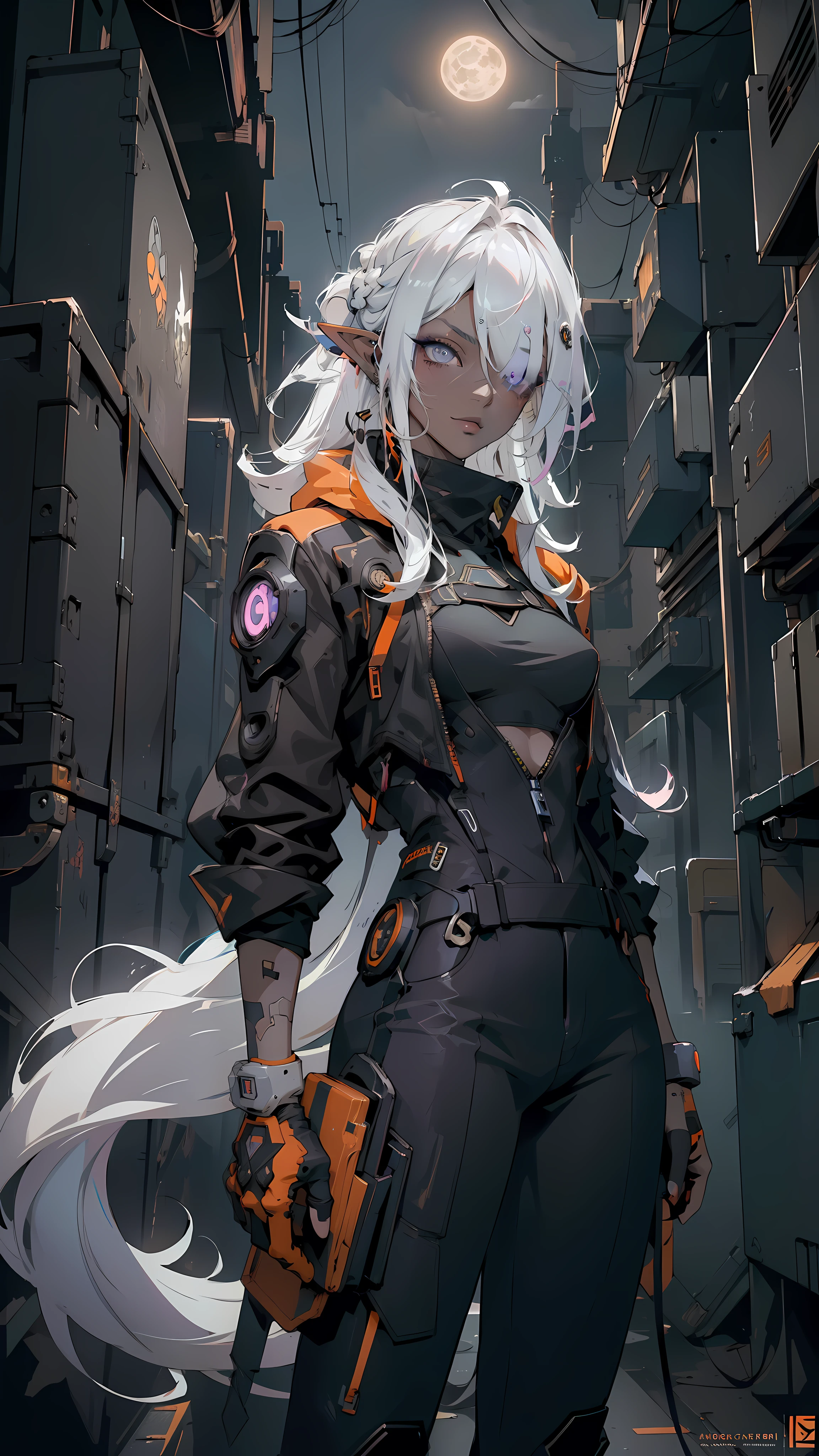 ((masterpiece )), (top quality), (best quality), ((ultra-detailed, 8k quality)), Aesthetics, Cinematic lighting, (detailed line art), absurdres, (best composition), (high-resolution), (zentangle, mandala, tangle, entangle), (fractal art:1.3), 
BREAK,
cyberpunk dark elf woman tech wear uniform, white and yellow techwear clothing, yellow and black safety tapes, Simon Bisley style. orange jacket, industrial setting, cables and pipes, ventilation ducts, ((( orange cr ))), ((adult face)), abandoned building, Dynamic pose, neon-lit cyberpunk cityscape, dark atmosphere, ((full moon sky)), (dark night Background), artstation, concept art, illustration in cyberpunk style by Yoji Shinkawa, by Mikimoto Haruhiko, 
BREAK,
highly detailed of (dark elf), (1girl), solo, perfect face, details eye, ahoge, ((long hair:1.2)), (hair over one eye:1.3), [[Messy hair]], shiny blonde white hair, violet eyes, multicolored eyes, multicolored hair, glowing eyes, bright pupils, facial marks, (eyelashes, eyeshadow, pink eyeshadow), smile, design art by Mikimoto Haruhiko, by Kawacy, By Yoshitaka Amano,
BREAK, 
((perfect anatomy)), nice body, medium breast, (extremely detailed finger), best hands, perfect face, beautiful face, beautiful eyes, perfect eyes, (perfect fingers), correct anatomy, ((dark skin:1.2)),