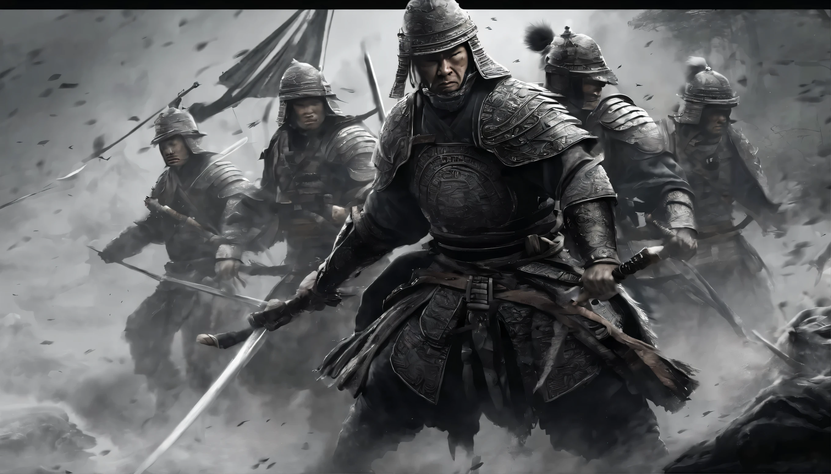 middleman(Fight with a pack of tigers)(1.5), shield, sword, Combat-ready armor, Be disciplined, powerful warrior, shield和sword上的复杂设计, Determined soldiers, ancient battle field, Intense fight scenes, heroic act, battle reenactment, Well made weapons, High-tech soldiers, Synchronize motion, martial arts, China controversy, Legendary Campaign, Strategic war tactics, honor and bravery, A resolute expression, Adrenaline rushing moments, Military precision, Battlefield camaraderie, ancient China, symbol, ornamental armor, epic, wife, The cry of war, Passionate fighting spirit, unwavering dedication, Samurai culture, 令人惊叹的martial arts姿势, Dark red and gold color scheme, army, rich background. (best quality,4K,8k,high resolution,masterpiece:1.2), super detailed, (actual,lifelike,lifelike的:1.37), human development report, ultra high definition, studio lighting, Ultra-fine painting, sharp focus, Physically based rendering, extremely detailed description, professional, bright colors, Bokeh, sportswear, War landscape, Chinese painting techniques, mood lighting, dynamic poses, Intricate battle scenarios, Vivid color contrast, Visually stunning composition, ethereal atmosphere, heroism. black and white
