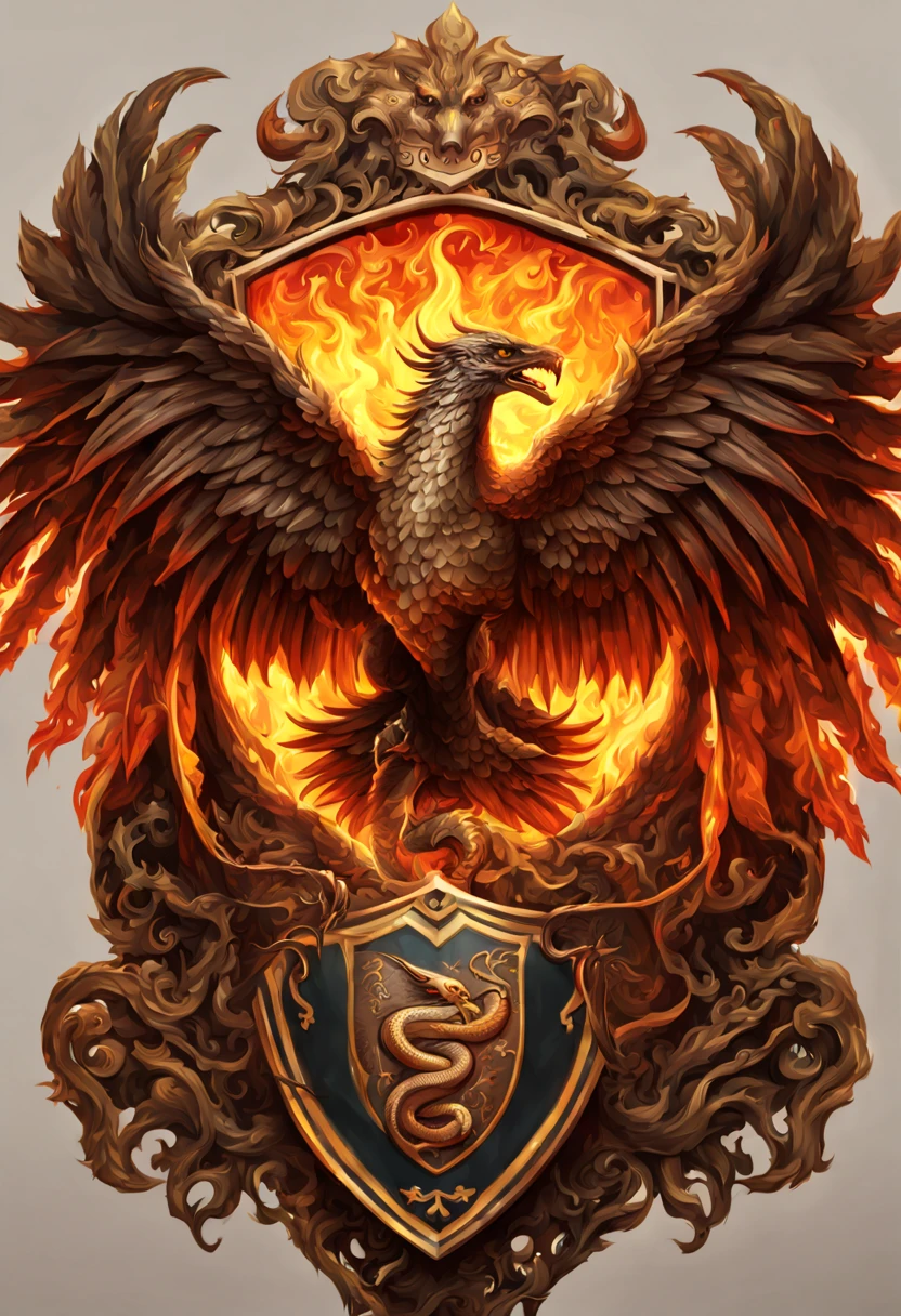 a battle shield with coat of arms using a phoenix bird and fanged snake theme, fire in the background, highly intricate, beautiful, maximalist, hyperdetailed, trending on Artstation